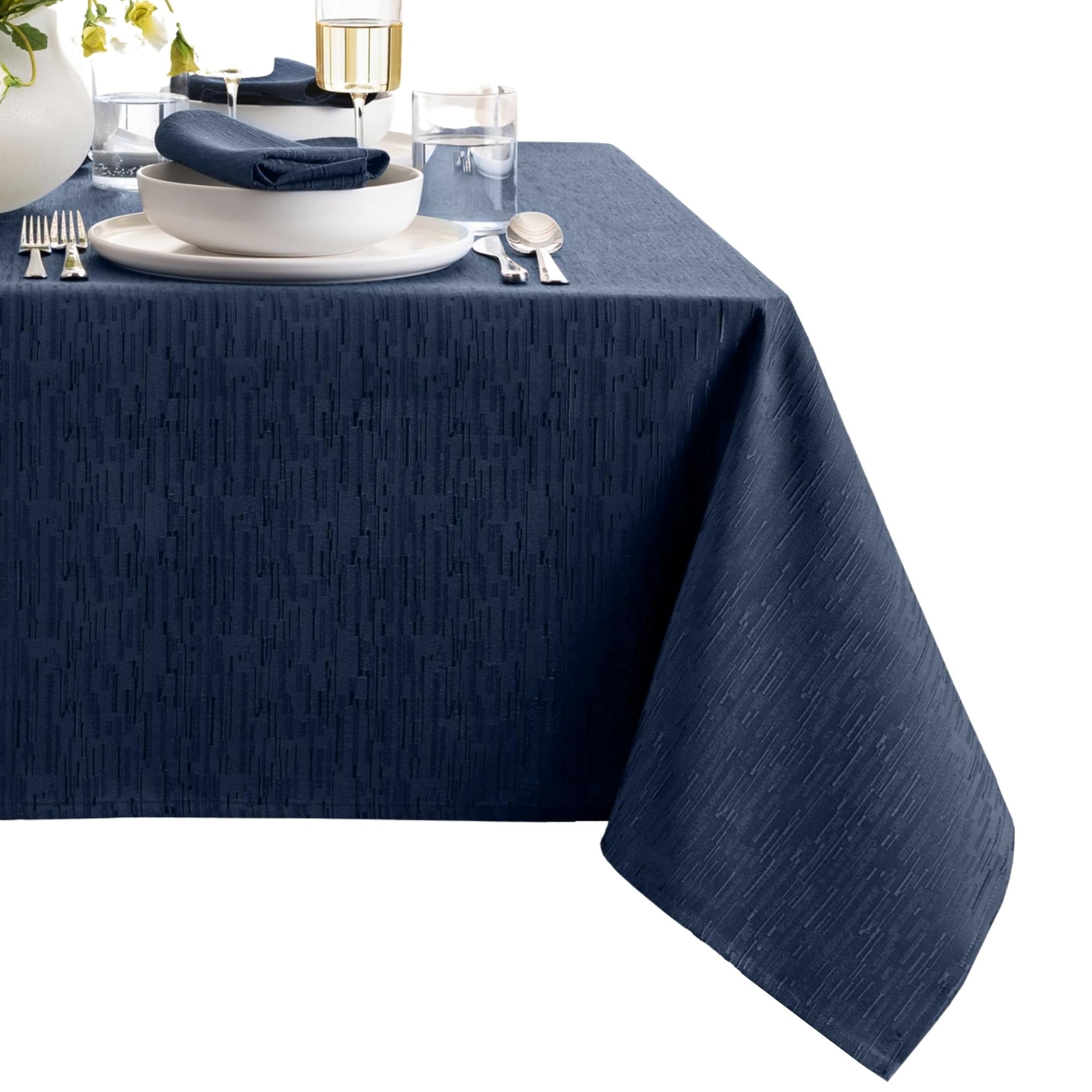 Elrene Home Fashions Continental Solid Texture Water, Stain & Wrinkle Resistant Tablecloth, 60"X102" Rectangle, Navy