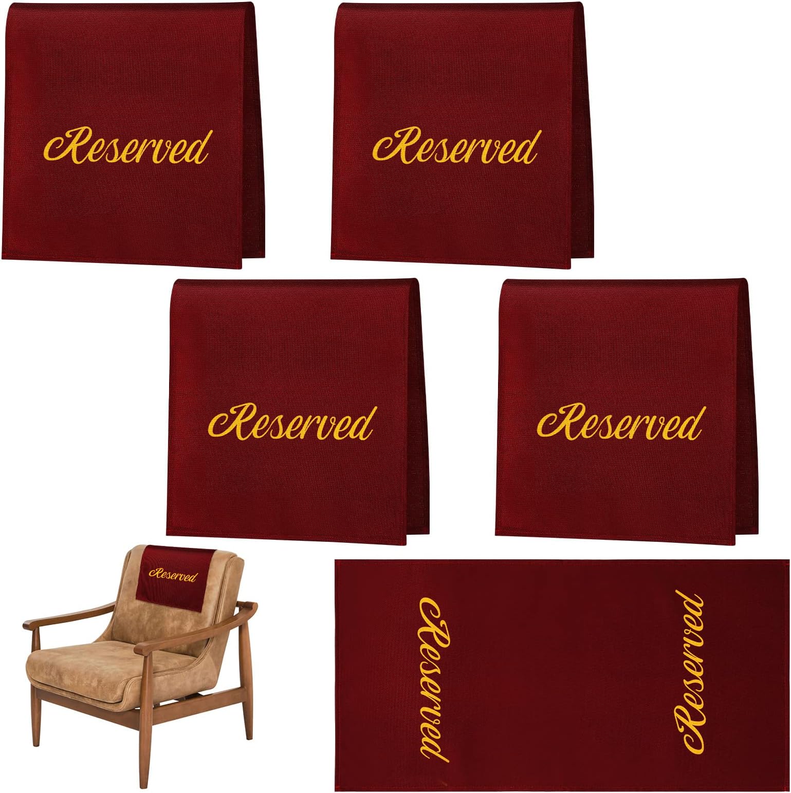 Irenare 4 Pcs Reserved Seating Signs for Chairs 22 Inch Burgundy Church Pew Reserved Signs Placeholder Gold Foil Cloth Chairs Placeholder for Wedding Parties Meeting Seating Decoration Event