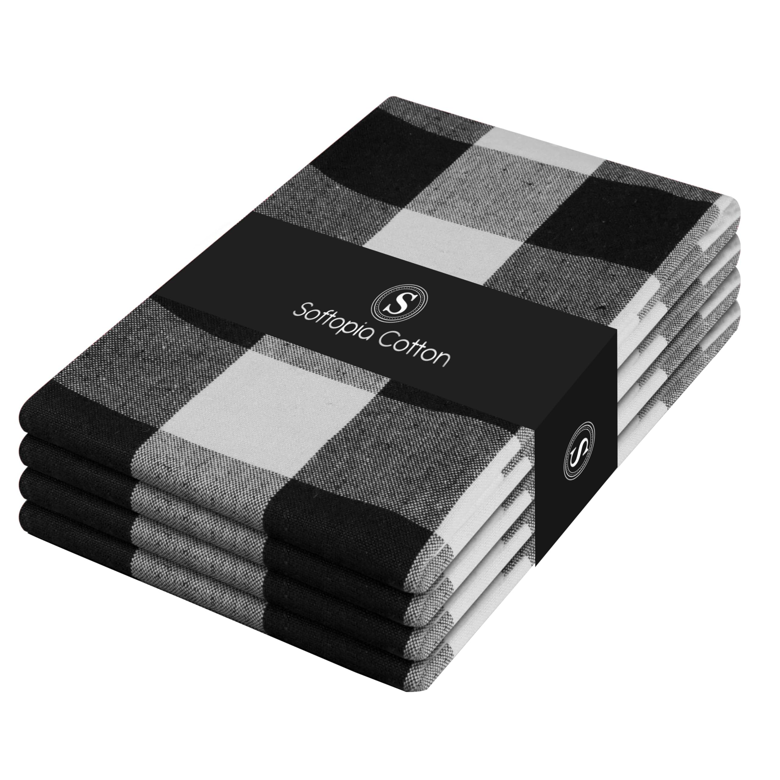 Black Buffalo Plaid Kitchen Dish Towels, 4 Pack, 100% Cotton, 16x26 Inches, Super Absorbent, Quick Dry, Soft, Durable, Dish Drying &amp; Cleaning Towels with Hanging Loop, Black &amp; White