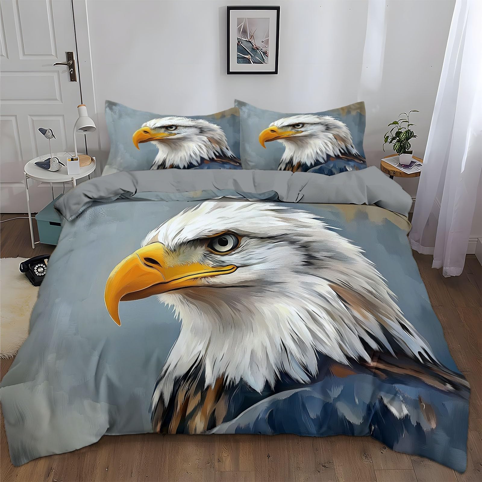 Juego de funda nórdica con estampado Sencillo Pintura Al óleo águila Calva para adultos, adolescentes De Microfibra con Cremallera Gris Funda nórdica Lavable - 230 x 220 cm Ropa de cama