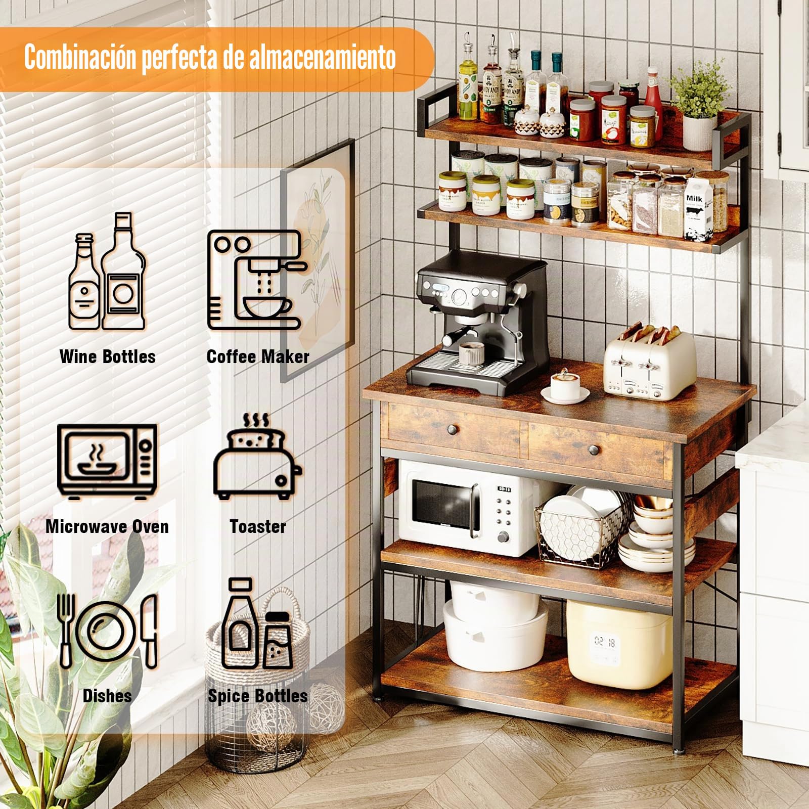 CAIYUN Estantería de cocina con enchufes, estantería con dos cajones de madera, estante para microondas, 5 niveles, estructura de acero, 42 x 80 x 148 cm, marrón rústico