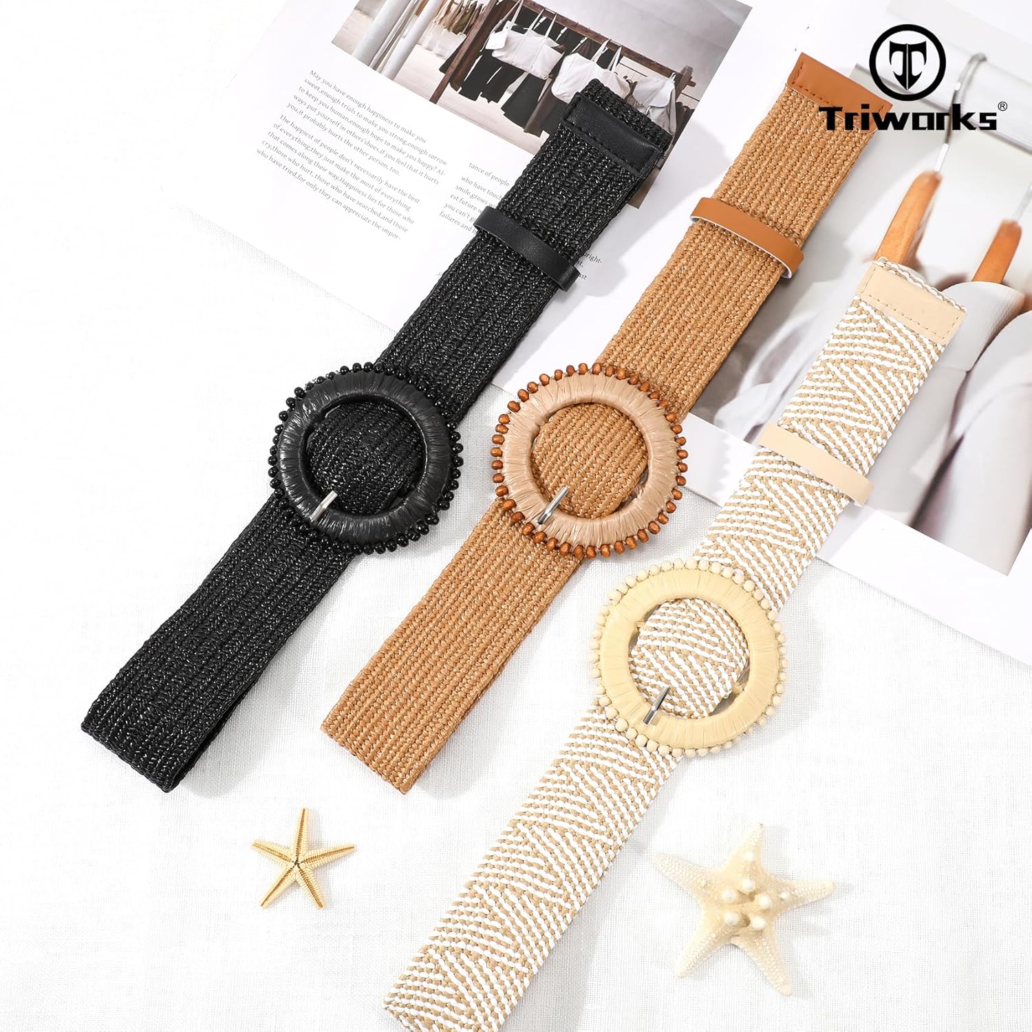 3 Pack Straw Woven Stretch Belt for Women,Raffia Elastic Belt for Dress Wide Boho Waist Belt with Round Buckle - Image 6