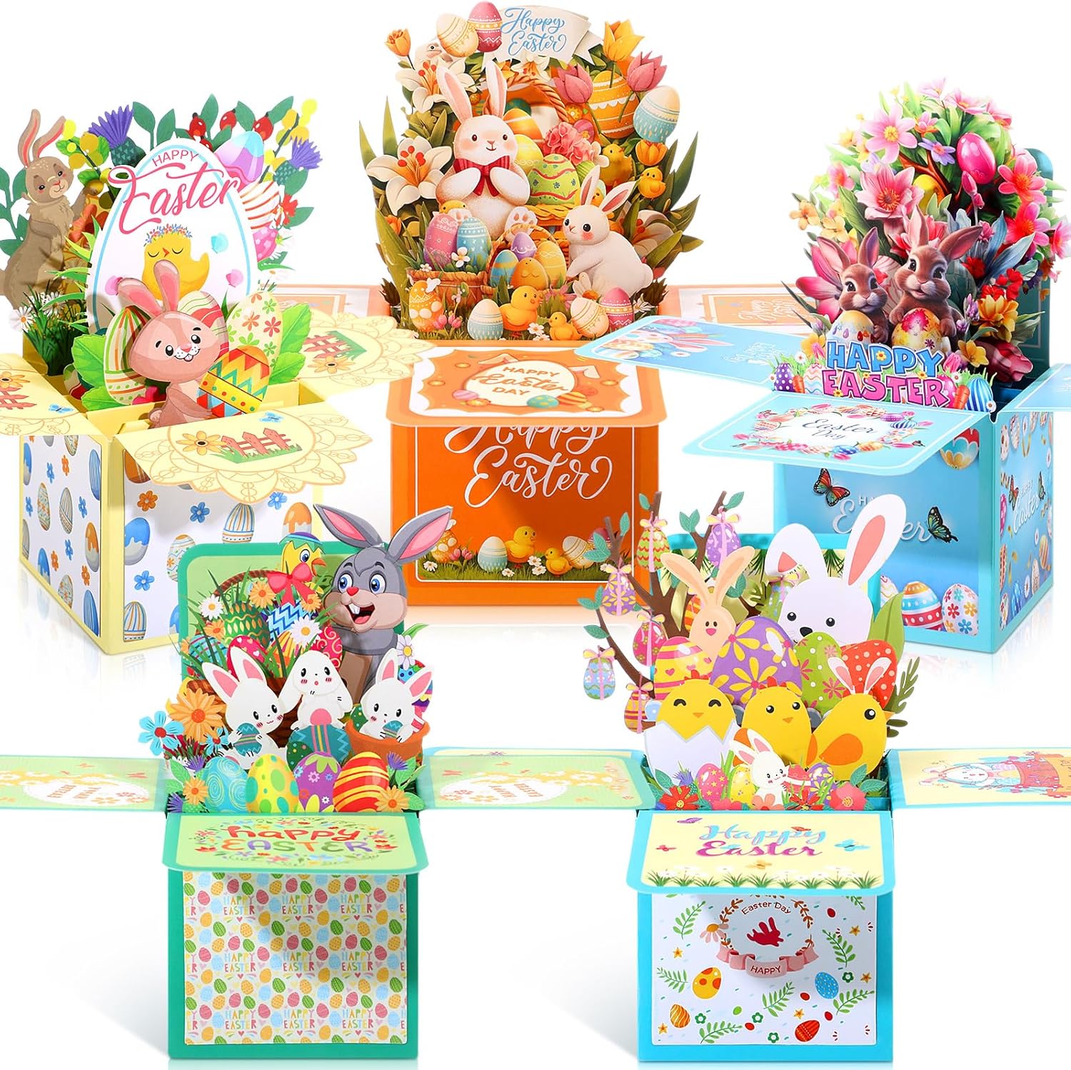 Spakon 5 Pcs Easter Pop up Cards 3D Happy Easter Eggs Bunny Basket Chicks Flower Greeting Card with Blank Note Card and Envelope Spring Festive Gift for Kids Children Family Friends