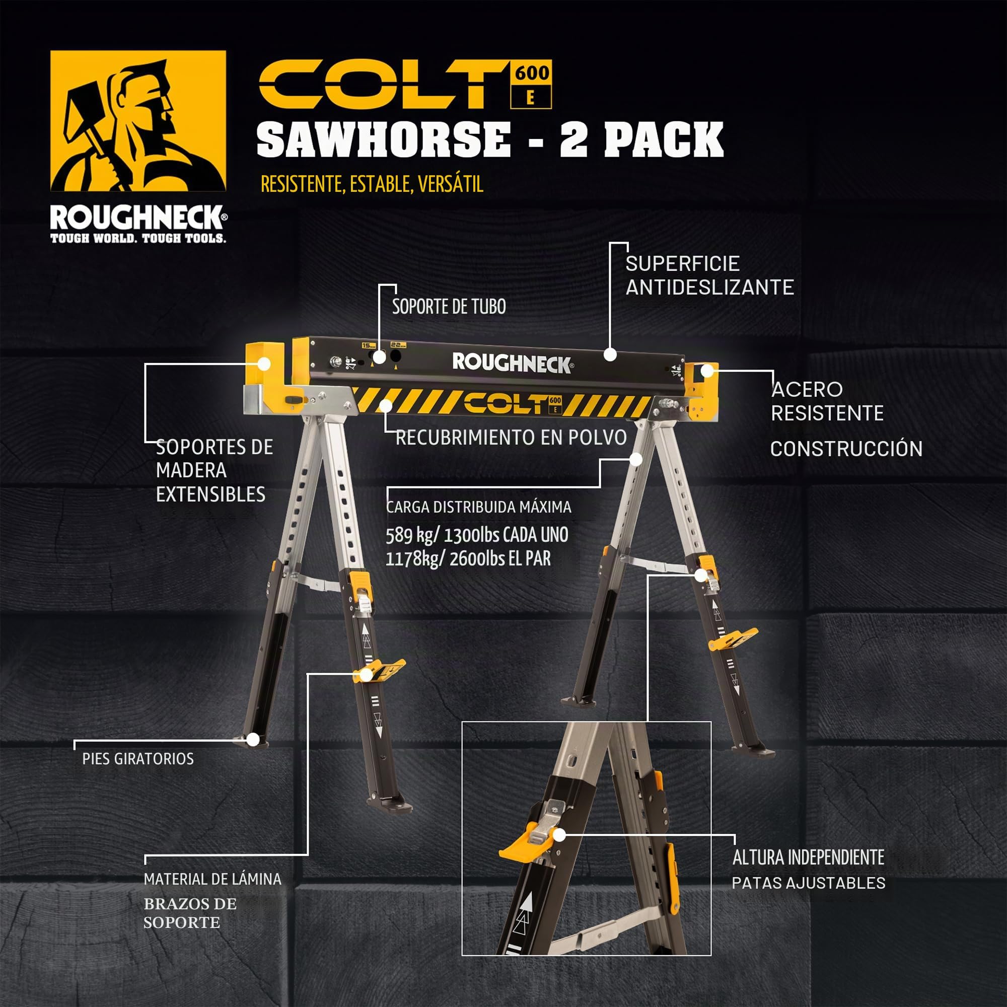 Roughneck® COLT 600E Sawhorse, Heavy Duty Steel Construction, Weight-Baring Capacity 589kg each, 1178kg Per Pair with Height Adjustable Legs for Woodworking & Construction – 2 Pack