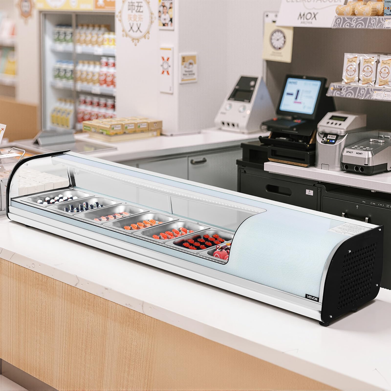 VEVOR Vetrina Refrigerata per Sushi Commerciale da 72 L, 7 Teglie con Vetro Curvo, Illuminazione a LED e Controllo Digitale della Temperatura, Frigorifero per Bancone Ristorante Negozio