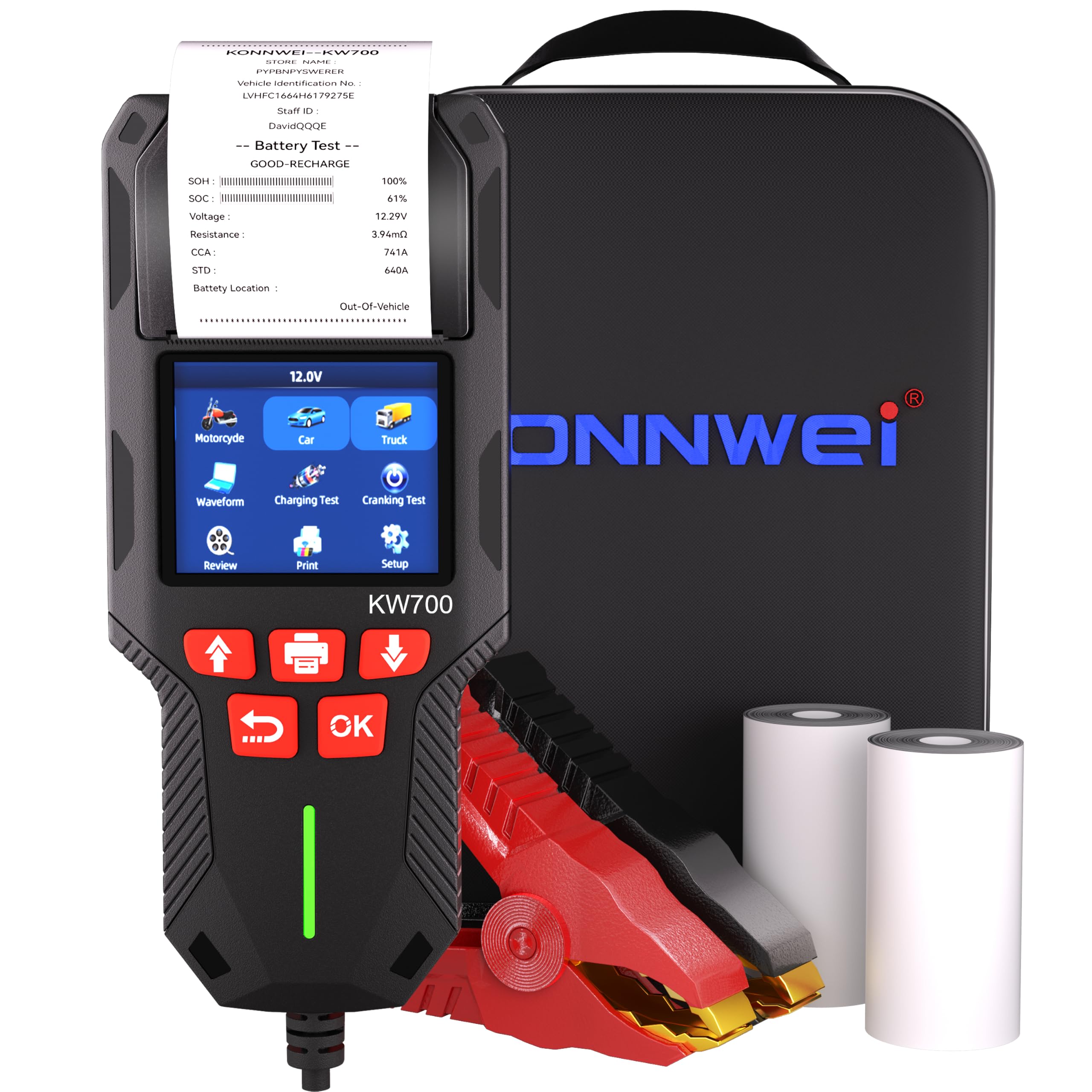 KONNWEI KW700 Batterietester mit Drucker 12V 24V Mit Druckerpapier | Batterie Tester Batterie Lasttester mit 10-2000 CCA, Anlassprüfung Ladetest Lichtmaschine Tester für KFZ LKW Motorrad
