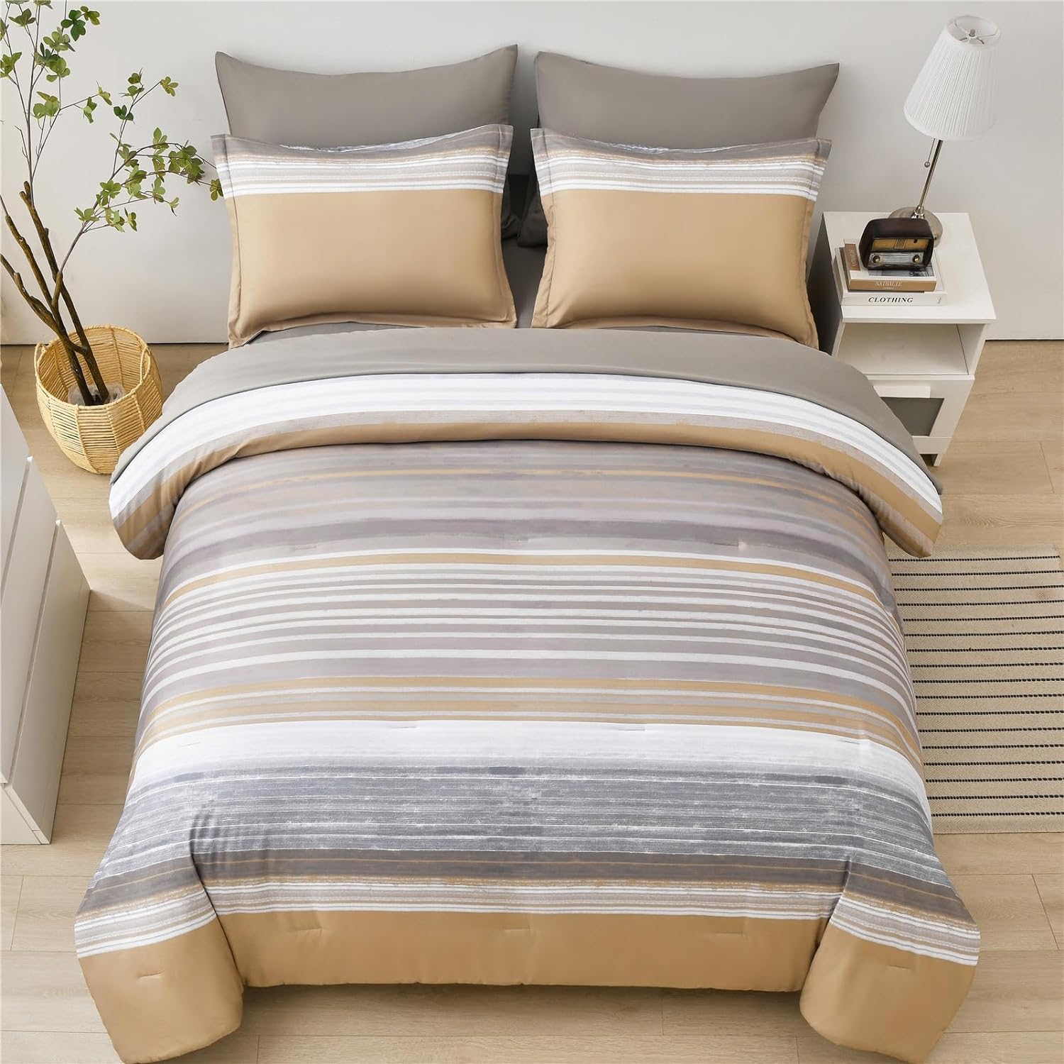 7 Piece Bed in a Bag Stripe Comforter Set Queen Size, White Grey Khaki Patchwork Striped Comforter and Sheet Set, All Season Soft Microfiber Complete Bedding Set(Khaki,Queen) - Image 3