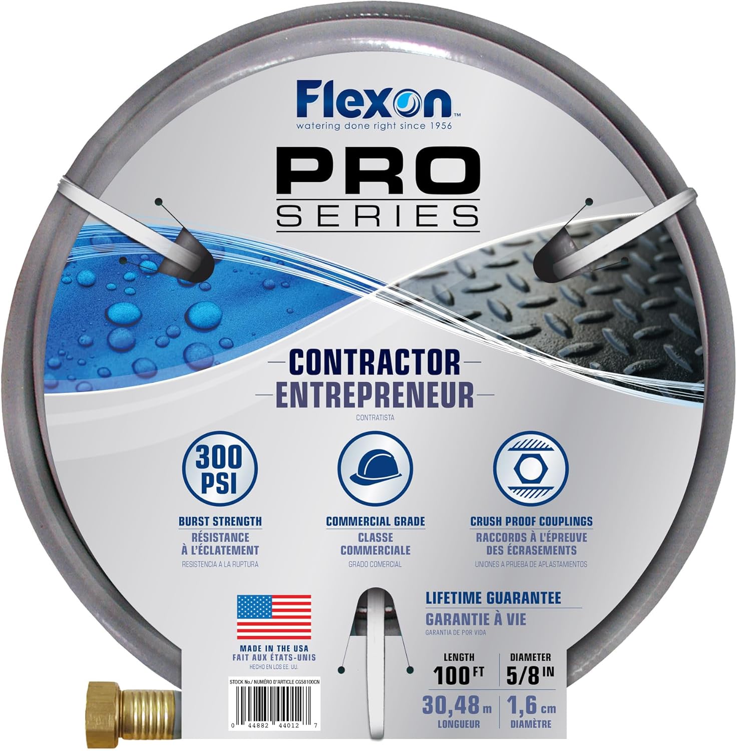 Flexon 5/8" x 100-Foot Contractor Grade Garden Hose – Heavy-Duty, Kink-Resistant, High Burst Strength, Scuff-Resistant Outer Jacket, Crush-Proof Brass Fittings, Ideal for Landscaping and Job Sites