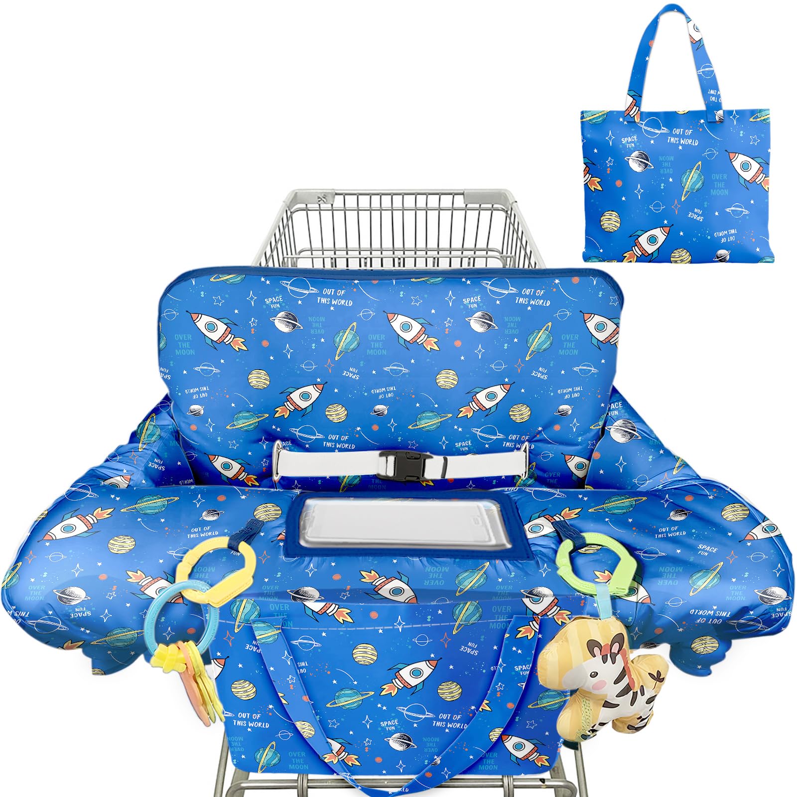 Shopping Cart Cover for Baby Girl Boy 2-in-1 High Chair Water Resistant High Chair Cover Blue Space Rocket Gender Neutral Cart Cover for Babies Padded
