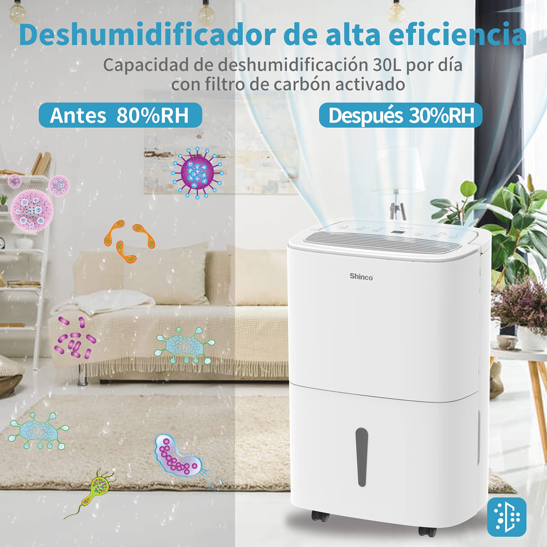 SHINCO WIFI Deshumidificador Portátil 30L/Día, Purificador de Aire, Filtro de Carbón Activado, Temporizador de 24 Horas, Drenaje Continuo, Función de Secado, Blanco