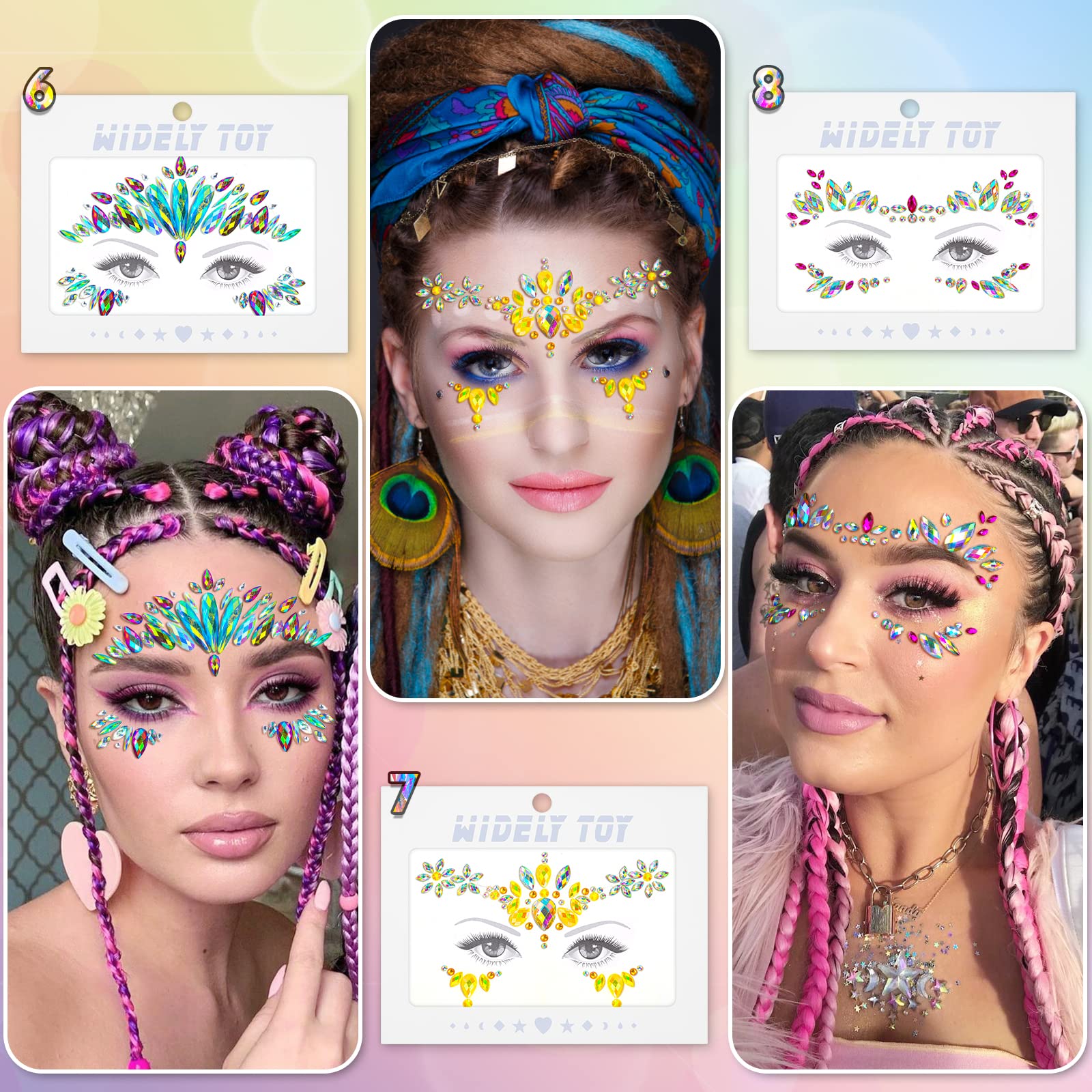 5 Fogli Di Pietre Glitterate Per Il Viso, Autoadesive, Strass Per Trucco, Tatuaggio Temporaneo Per Feste, Carnevale, Halloween, Make Up