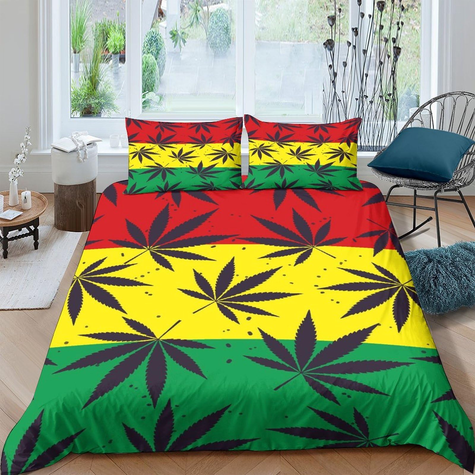 Ctjqhvkz Style-6 3D Printed Rasta Leaf Fitted Sheet Microfiber Red Yellow Green Pattern Mattress Cover For Bedroom Dorm Decor Single（135X200cm）