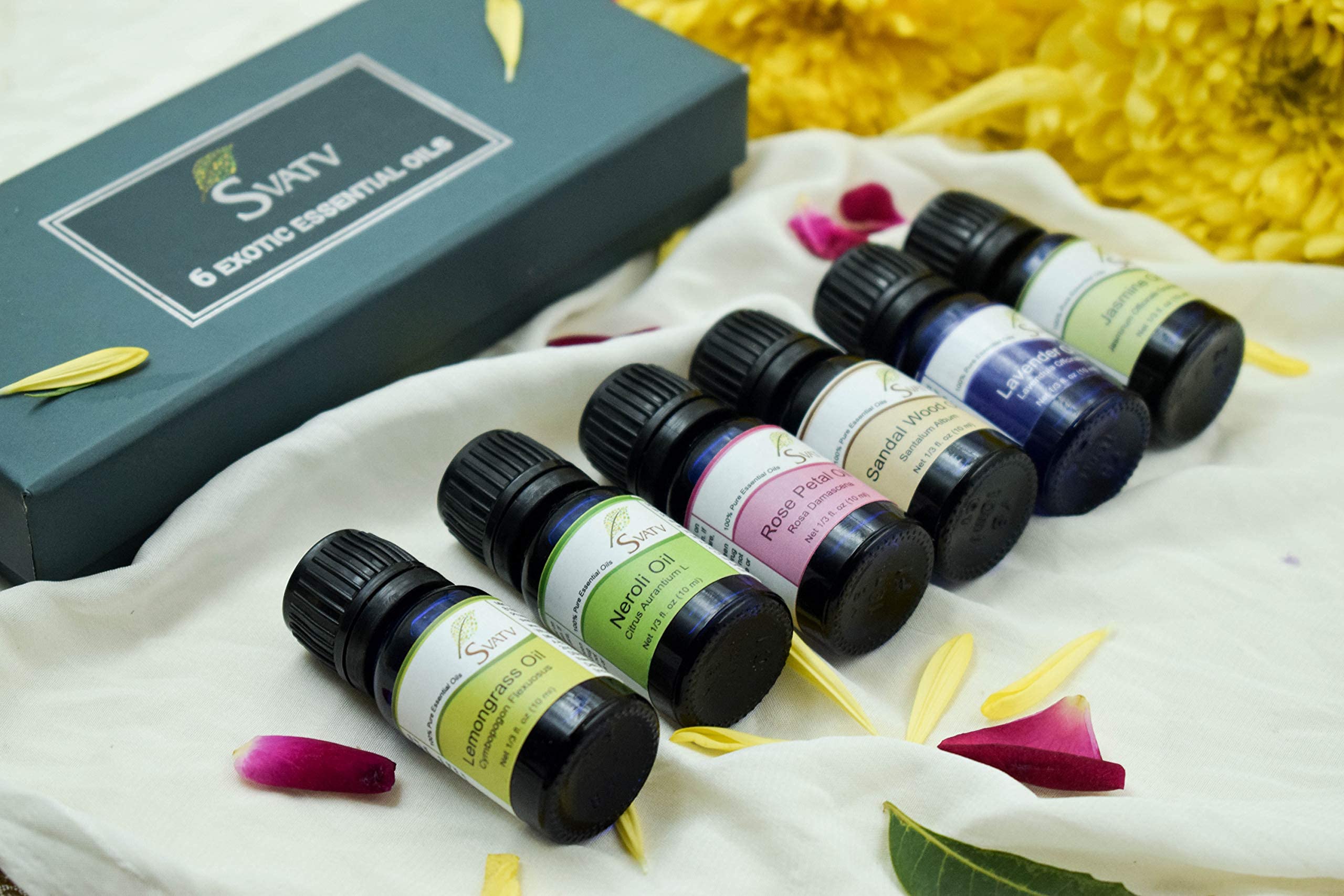 Olejki eteryczne, Top 6 zestaw upominkowy do aromaterapii w jakości premium – płatki różane, drzewo sandałowe, neroli, trawa cytrynowa, jaśmin – 6 x 10 ml