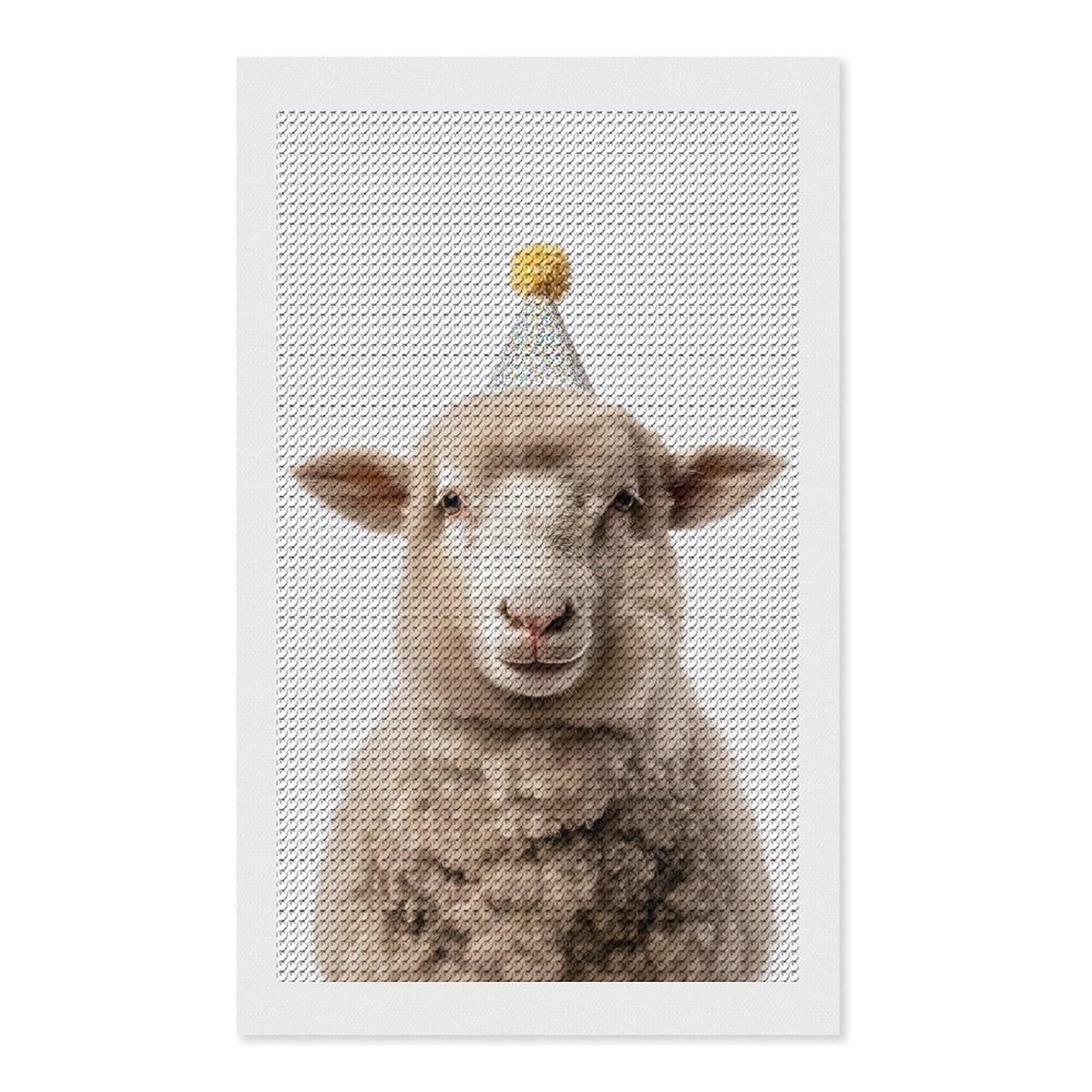 Junmoney Cute Sheep with Party Hat Diamond Art Kit 12"x20", Gift Idea, for Family Craft Time, Mindful Craft Activity, Boho Decor, Relaxing DIY Hobby