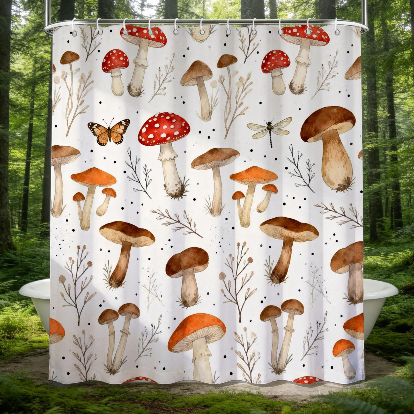Hongduo 3D Mush Shower Curtain for Stalls Bathtubs Botanical Bathroom Decor Shower Curtain Set Polyester Fabric Waterproof 180x180cm/71X71 Inch with Hooks