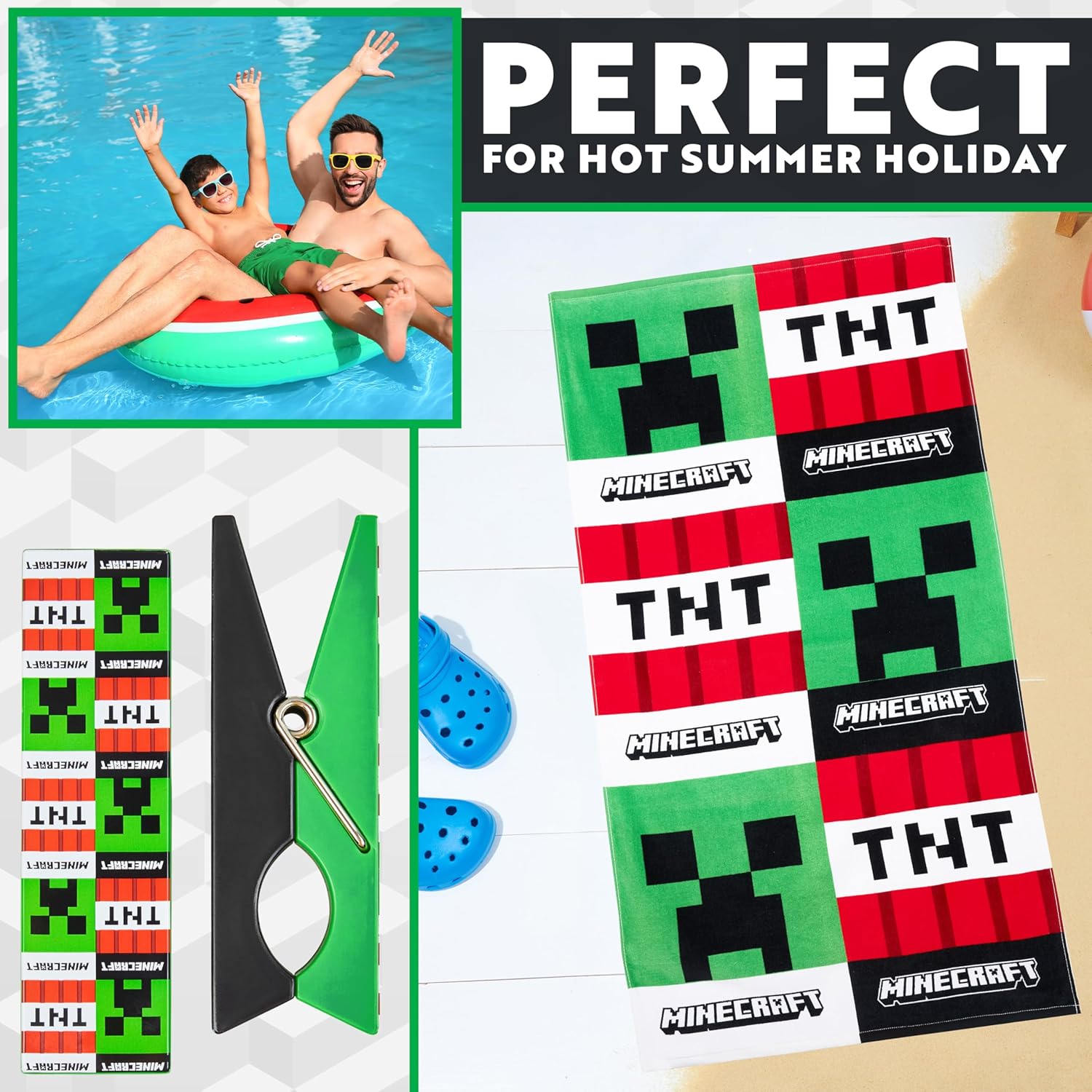Minecraft Beach Towel for Kids Teens 2 Clothes Pins Creeper 100% Cotton Pool Towels TNT Bath Towel Beach Accessories Holiday Essentials 55x27 inch