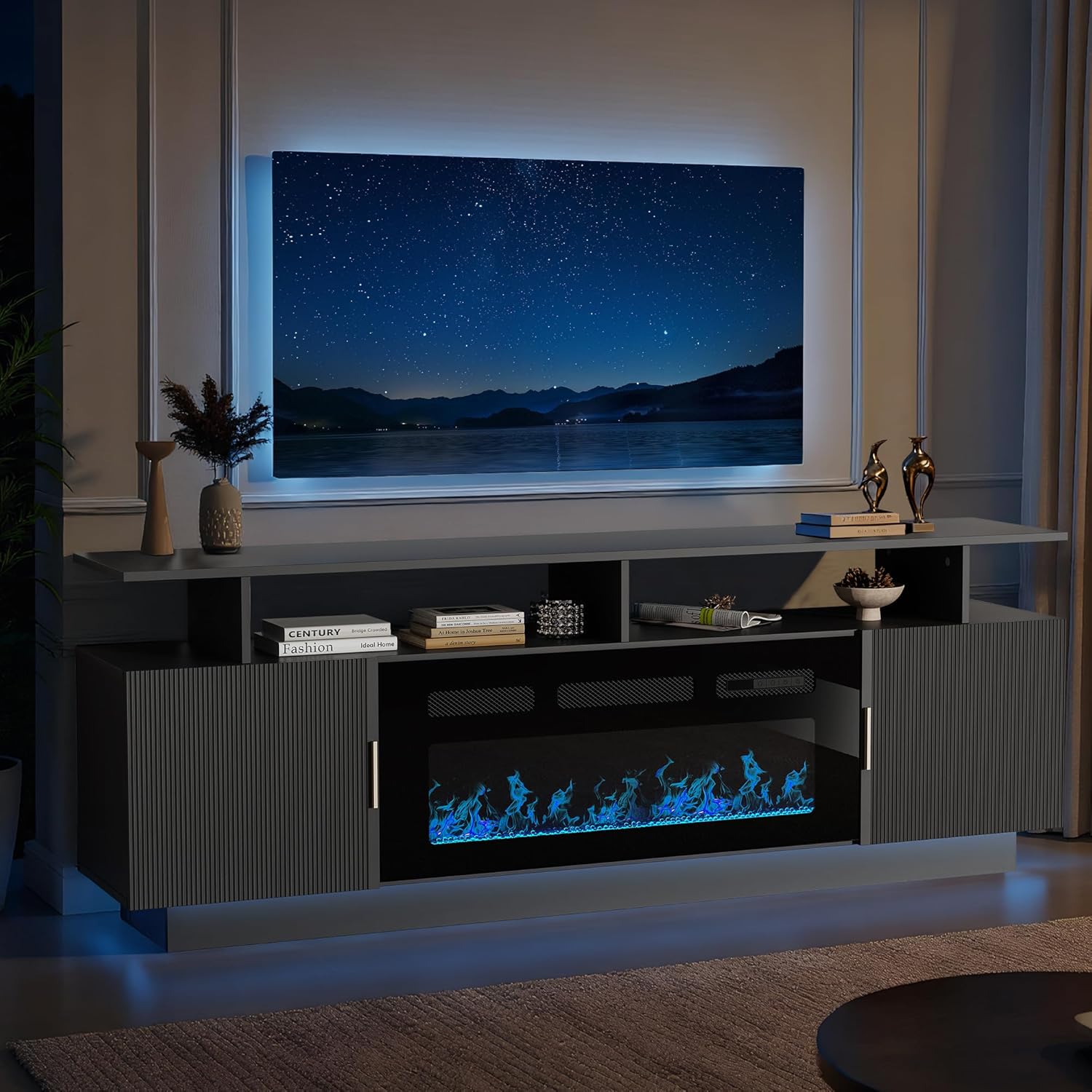 70” Fluted TV Stand with 36” Electric Fireplace, 2 Tier TV Console Cabinet with Storage Cabinet, LED Lights, Power Outlet, Modern Wood Entertainment Stand Fits TVs up to 80" for Living Room (Black)