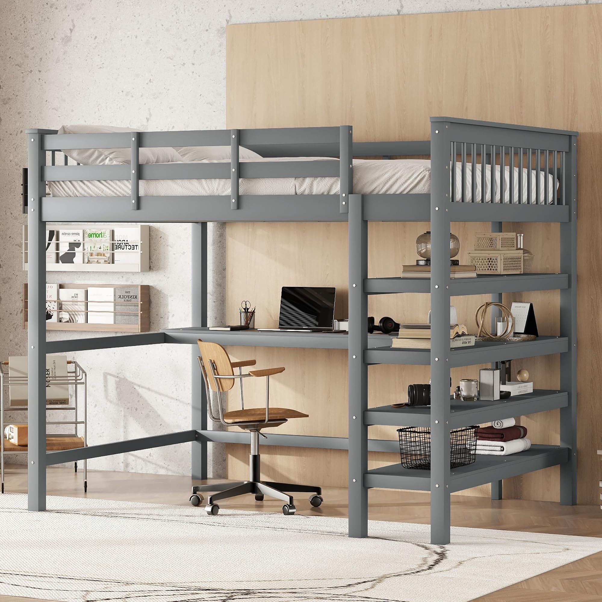 Łóżko piętrowe 140 x 200 cm szare jako rama łóżka to łóżko Bunk Bed oraz łóżko młodzieżowe i łóżko funkcyjne z litego drewna sosnowego z biurkiem i półkami do pokoju gościnnego