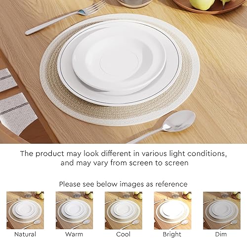 Miniatura 6 de Encasa XO Juego de 6 manteles individuales  Tapete redondo de algodón  13 pulgadas de diámetro  Beige y blanco roto  Cargadores para platos de cena