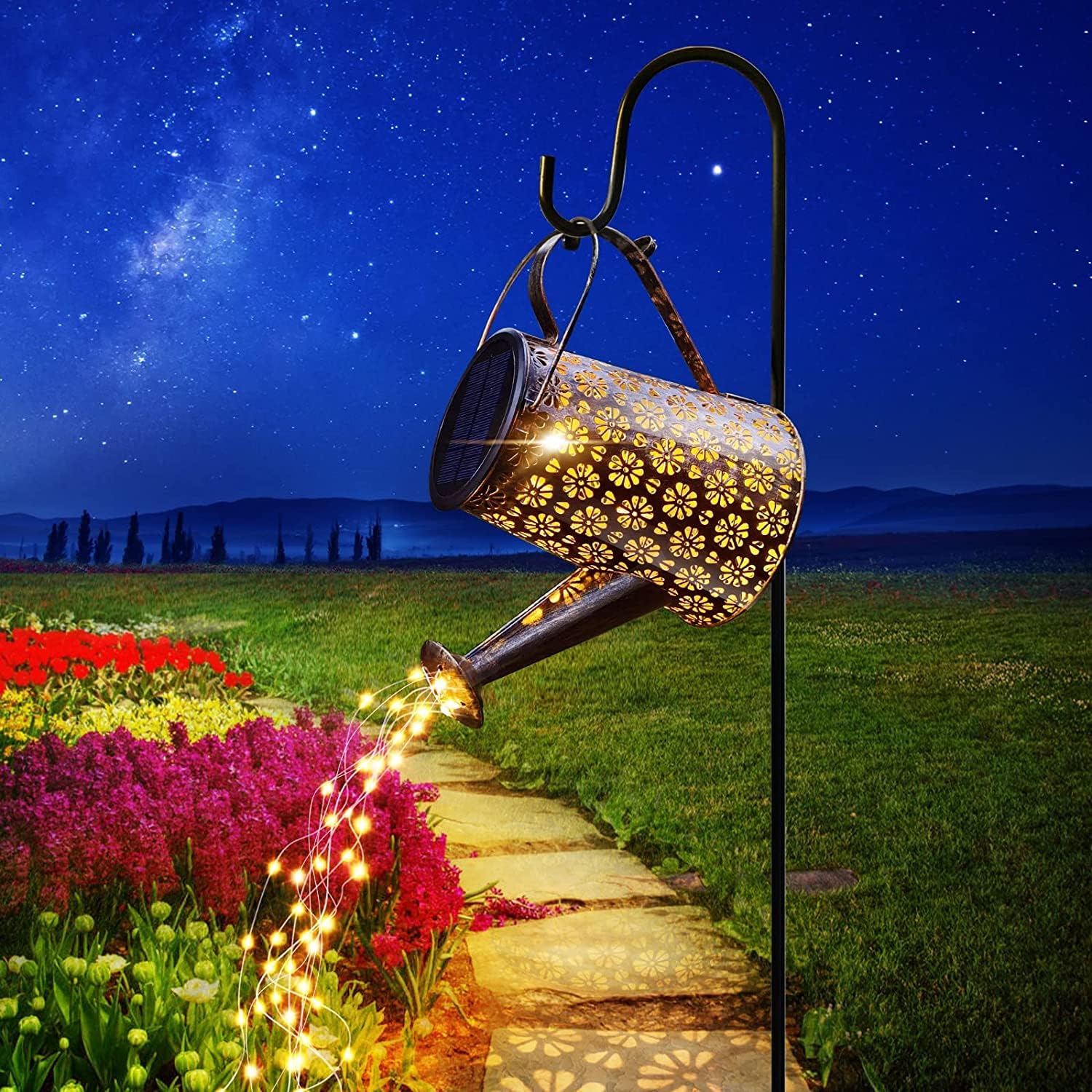 Outdoor Solar Watering Can with Lights Garden Decor Large Solar Powered Lanterns Hanging Waterproof LED Decorative Retro Metal