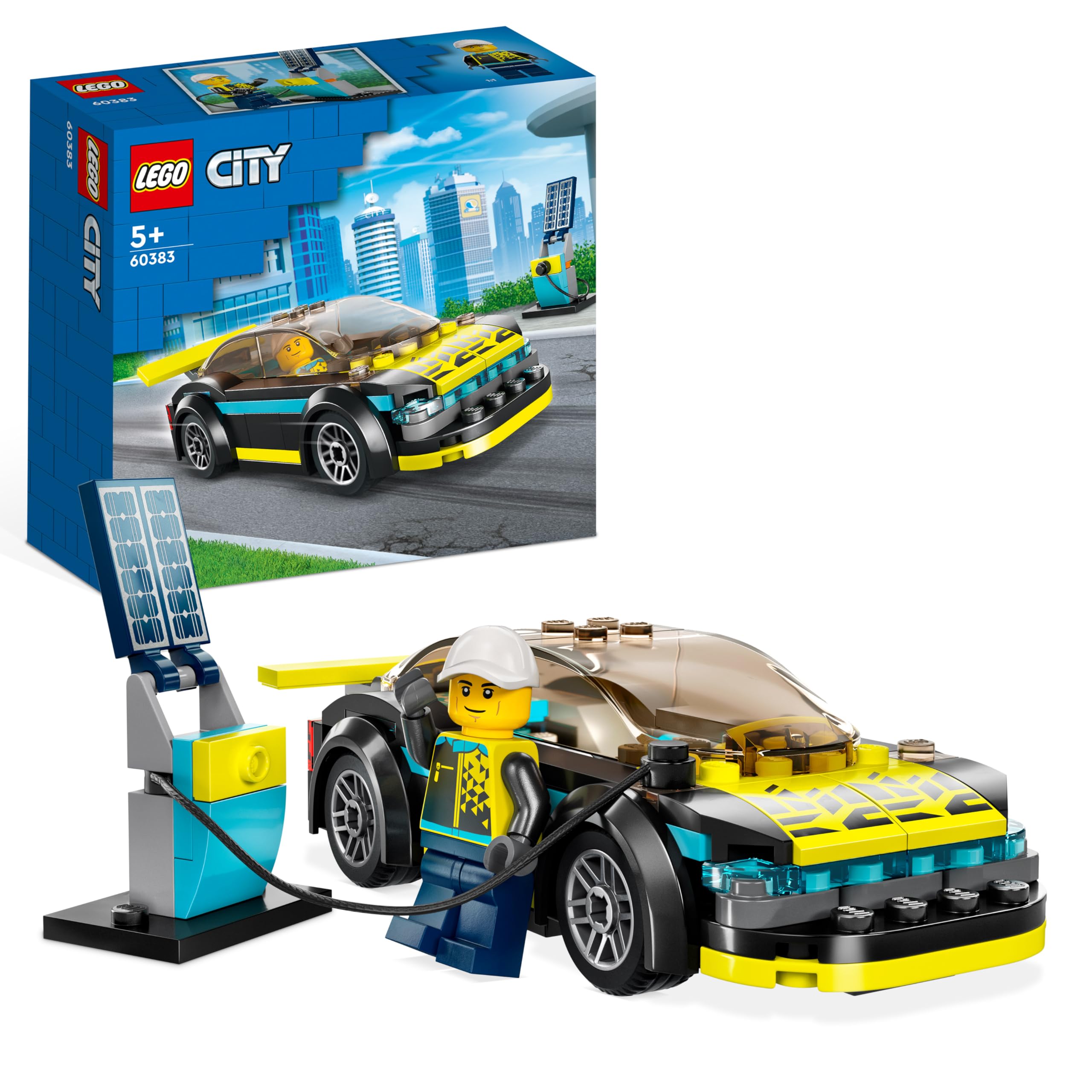 60383 City Electric Sports Car Toy for 5 Plus Years Old Boys and Girls, Race Car for Kids Set with Racing Driver Minifigure, Building Toys