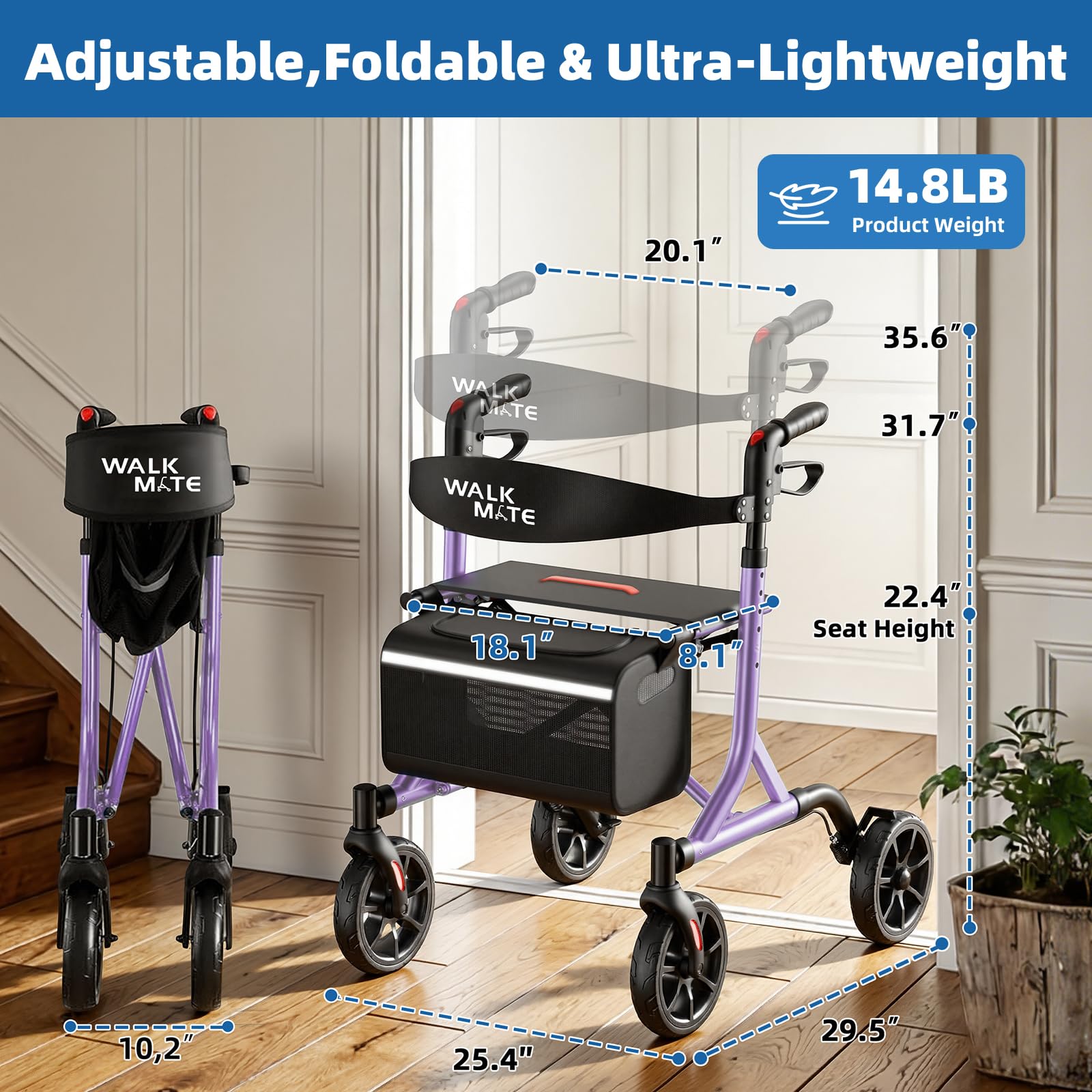 WALK MATE Andador con ruedas para personas mayores con soporte para tazas, botón de presión mejorado para ajustar la altura, ruedas de 4 x 8 pulgadas con asiento respaldo acolchado, plegable, ligera,