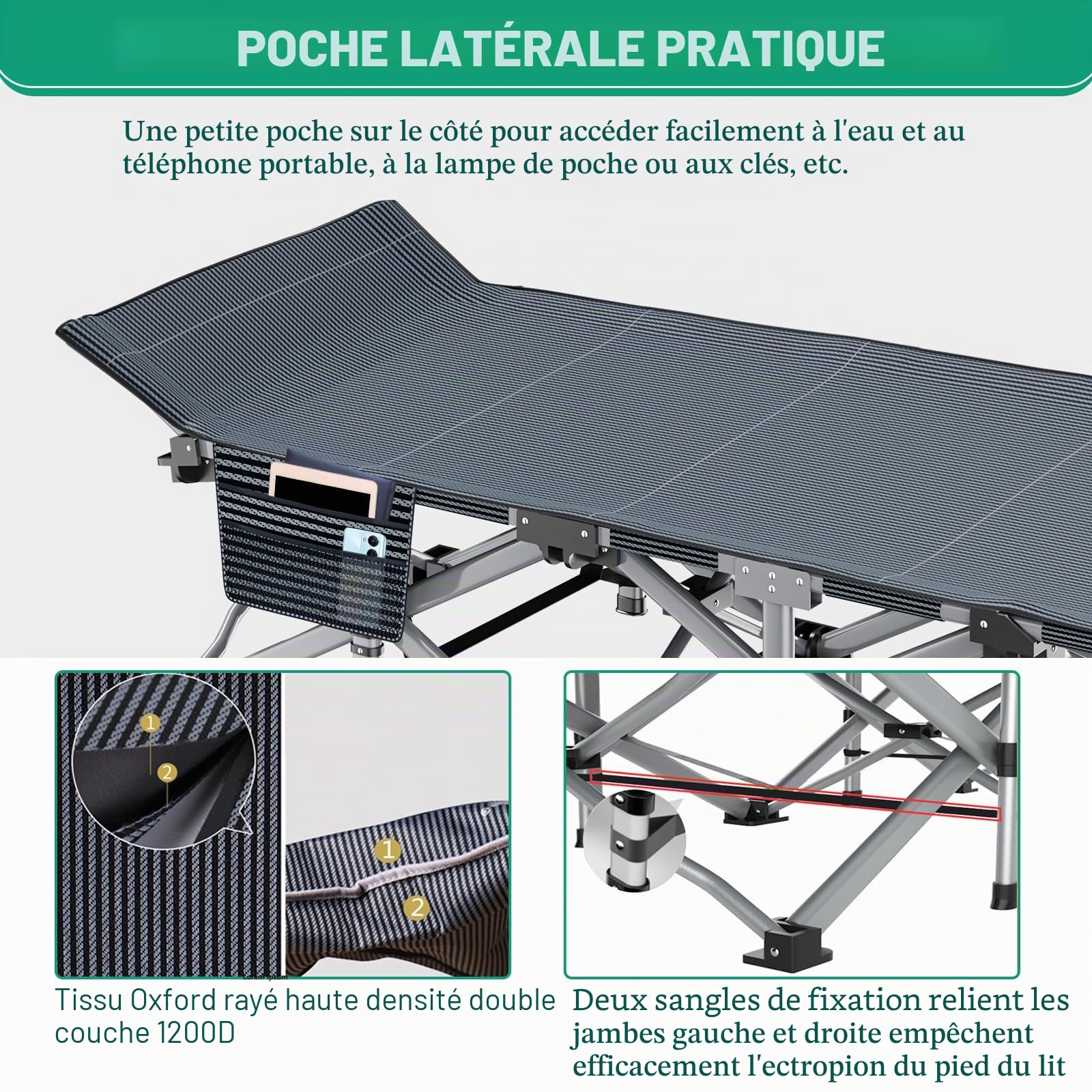 190x71x36CM Lit de Camp Pliant pour Adultes Camping en Plein air avec Coussin et Poche latérale, Cadre en Acier + Tissu Oxford