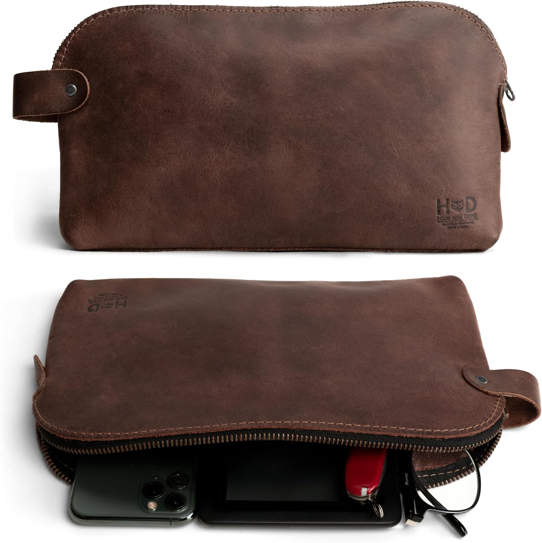 Large Rustic All Purpose Dopp Kit Utility Bag Cords & Chargers, Handmade from Full Grain Leather - Espresso