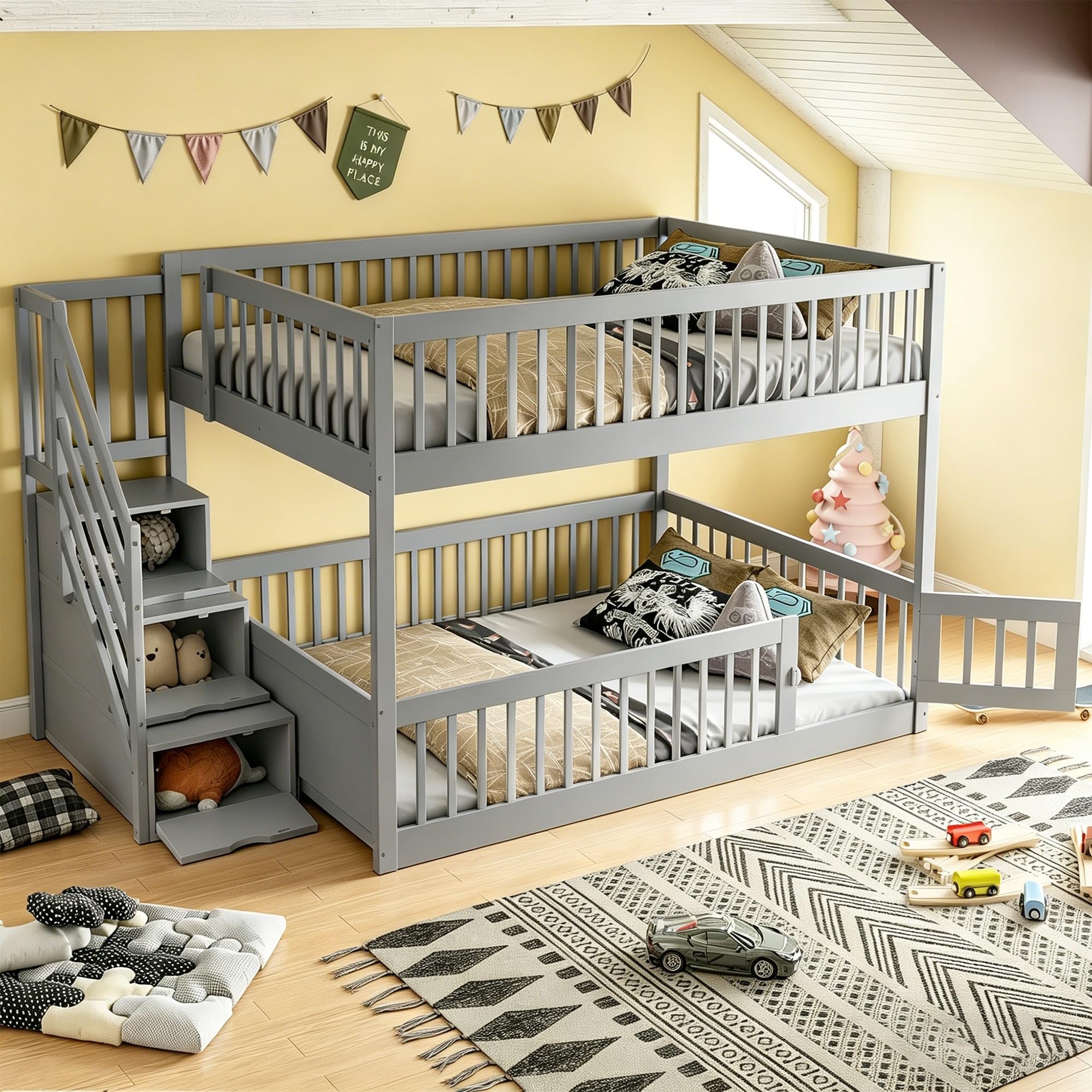 Litera de madera 140x200 gris para niños con escalera de seguridad y cajones de almacenaje