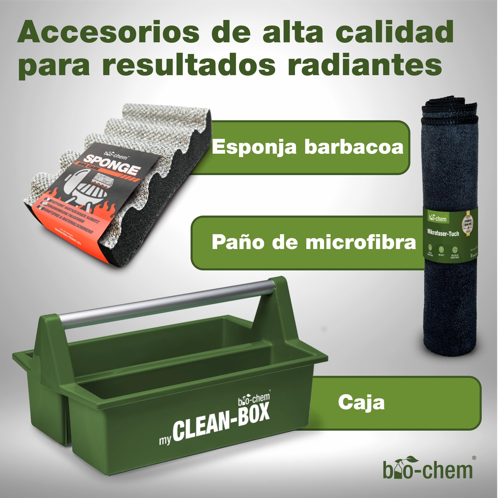 bio-chem Set de 10 productos y accesorios de cocina + caja | Limpiador para hornos, sartenes y ollas, cepillo incluido - Productos para superficies de la cocina - Accesorios incluidos