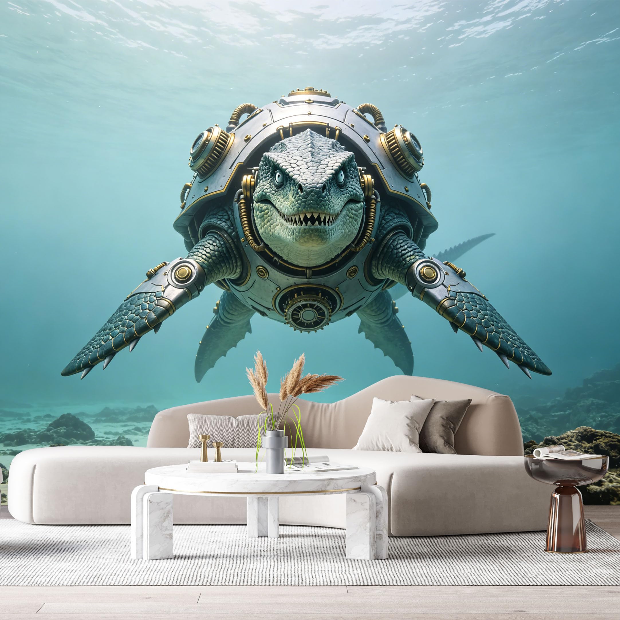Custom Size Wall Mural Mechanical Sea Turtle Mech SciFi Ocean Robot Steampunk Future Armor Submarine Style SelfAdhesive Art Prints Removable Large Wallpaper Esports Room Game Room Studio