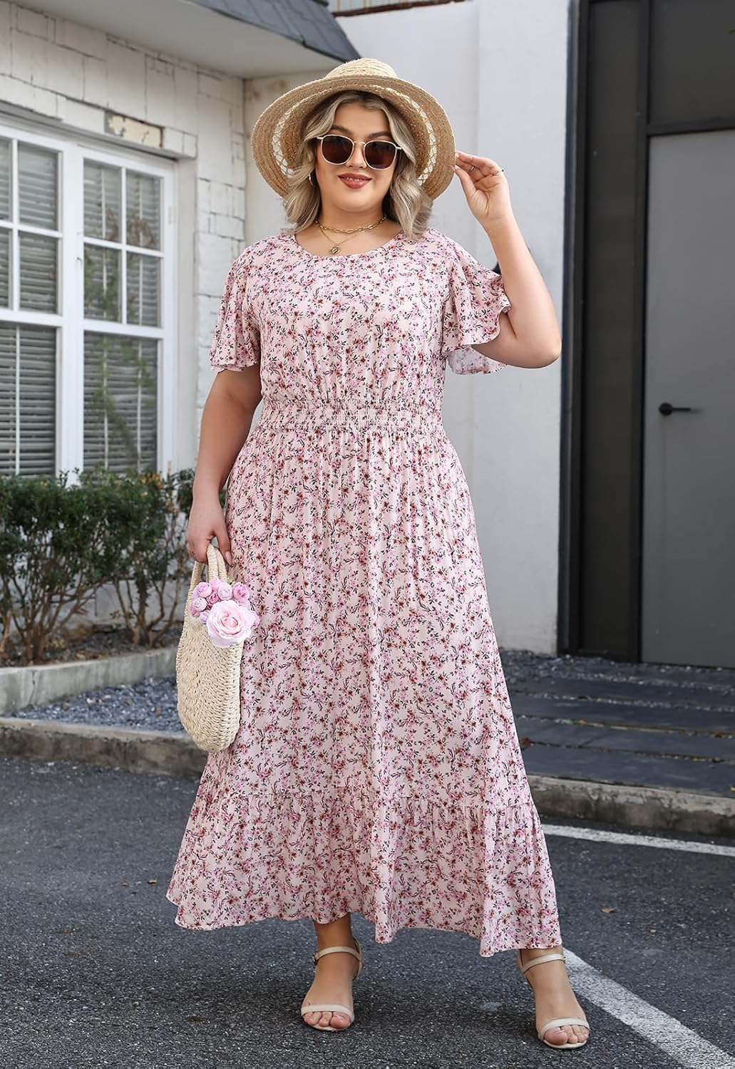 Plus Size Floral Maxi Summer Dress for Curvy Women Boho Casual Flutter Sleeves Smocked Waist 1XL-4XL ELG008