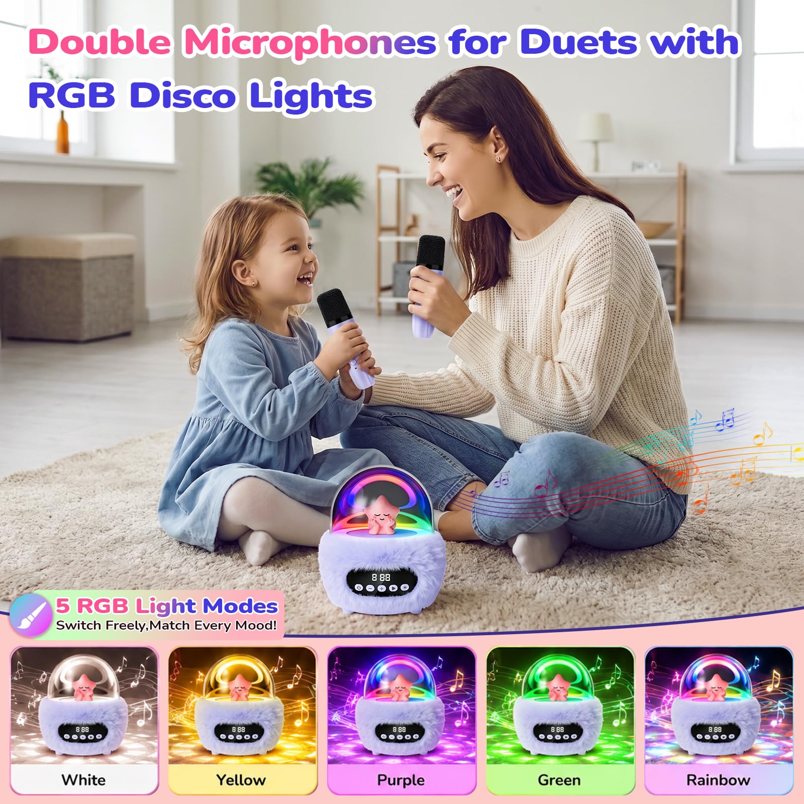 Macchina per karaoke per bambini con 2 microfoni: altoparlante Bluetooth portatile senza fili con luci RGB da discoteca, 4 effetti vocali, giocattolo cantante di compleanno per ragazze e ragazzi dai 3