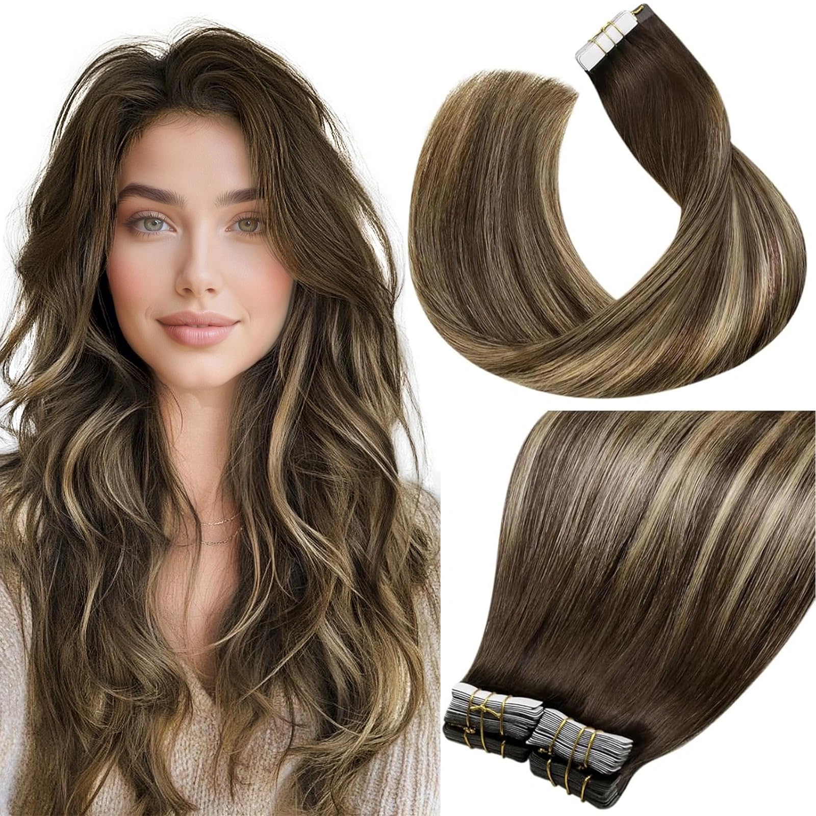LaaVoo Tape in Hair Extensions Human Hair Blonde Tape Hair Extensions Real Human Hair Invisible Tapes Remy Straight Balayage Brown to Blonde Hair Double Sided Tabs 20pcs 50g 18 Inch #8/18/60 — view 12