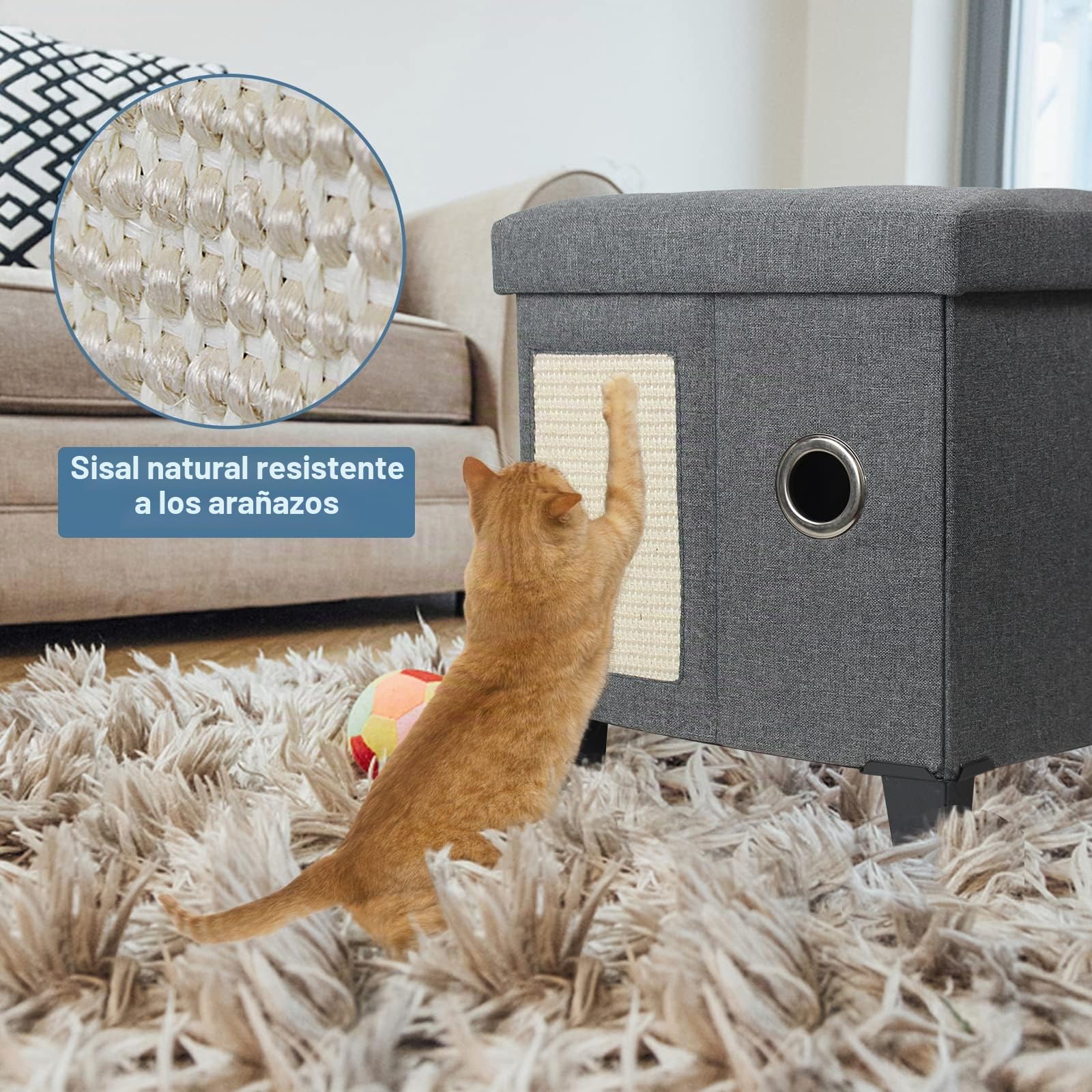 BRIAN & DANY Casa Gato, Cueva para Gatos de Interior, Cama Plegable para Gatos con Tabla Rascador y Pelota de Juego, Taburete con Patas de Madera, 37,5 x 32,5 x 36 cm, Gris