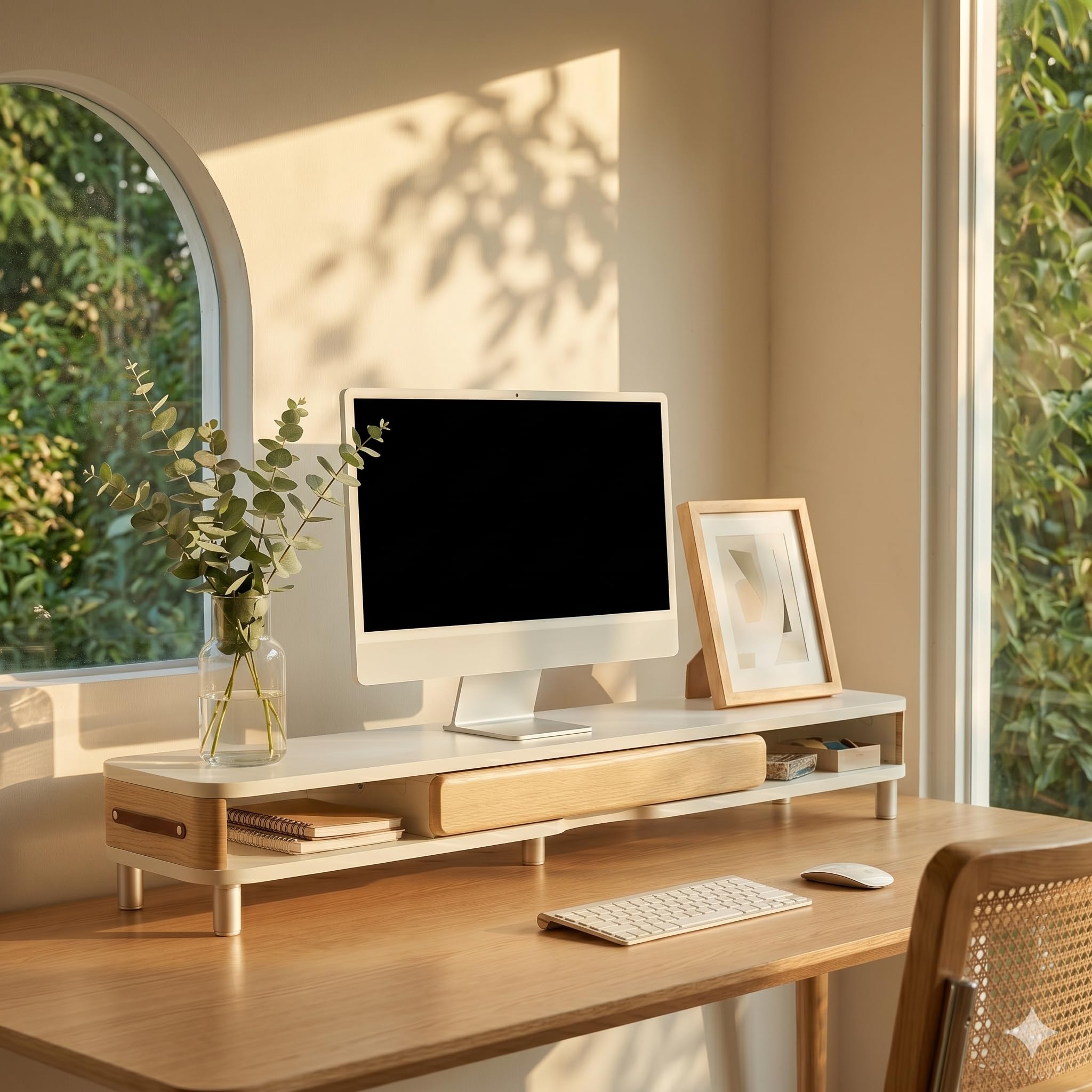 Fenge Alzata Monitor Doppio con Cassetto, Organizzatore Scrivania 108cm, Maniglia in Pelle, Ripiano per PC/Stampante/TV, 108×25×15,7cm, Capacità Max 35KG (Bianco)
