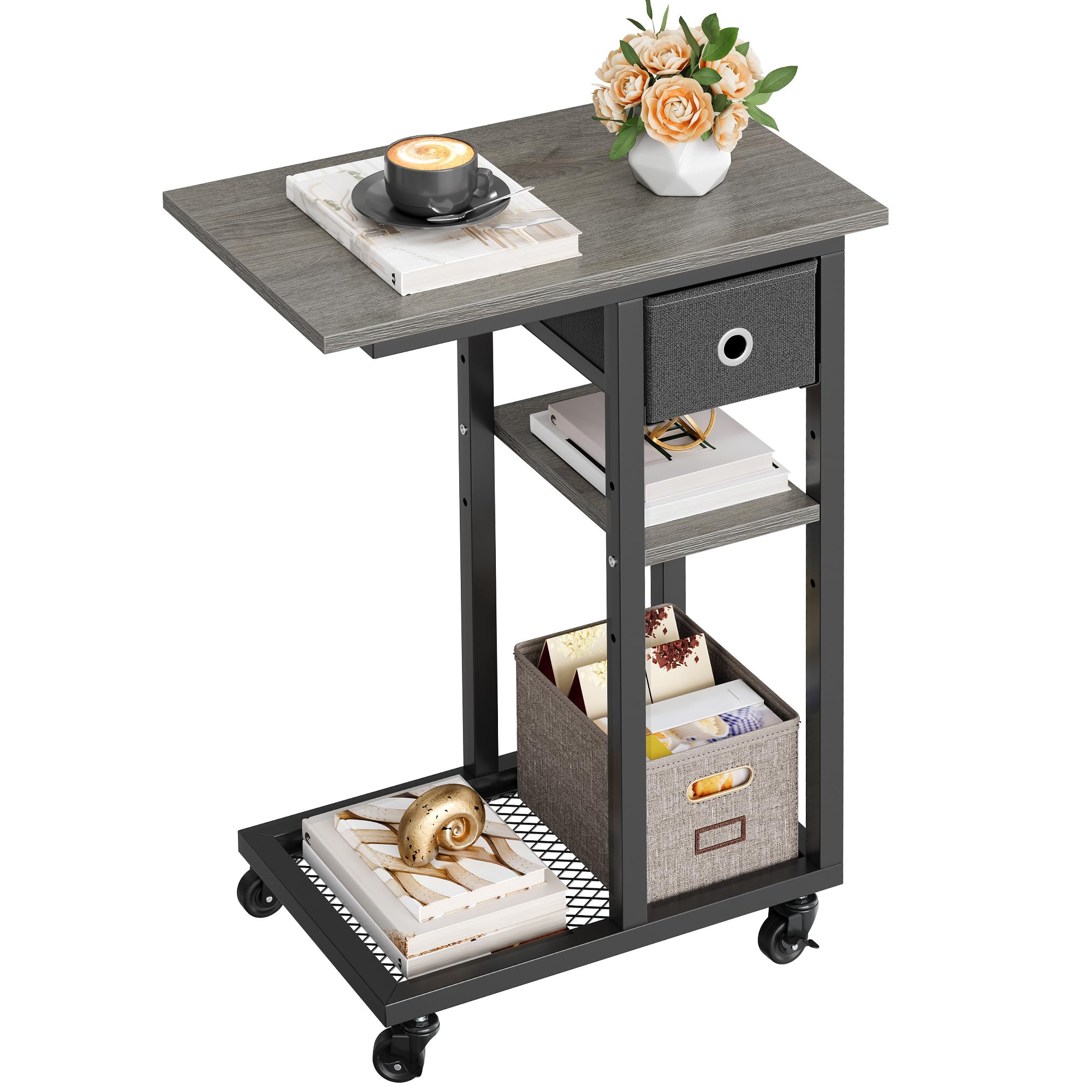 YITAHOME Mesa Auxiliar en Forma de C, Mesa Auxiliar para Sofá con Cacharro y Ruedas, Mesa de Café para Computadora Portátil,para Sala de Estar, Dormitorio，Gris