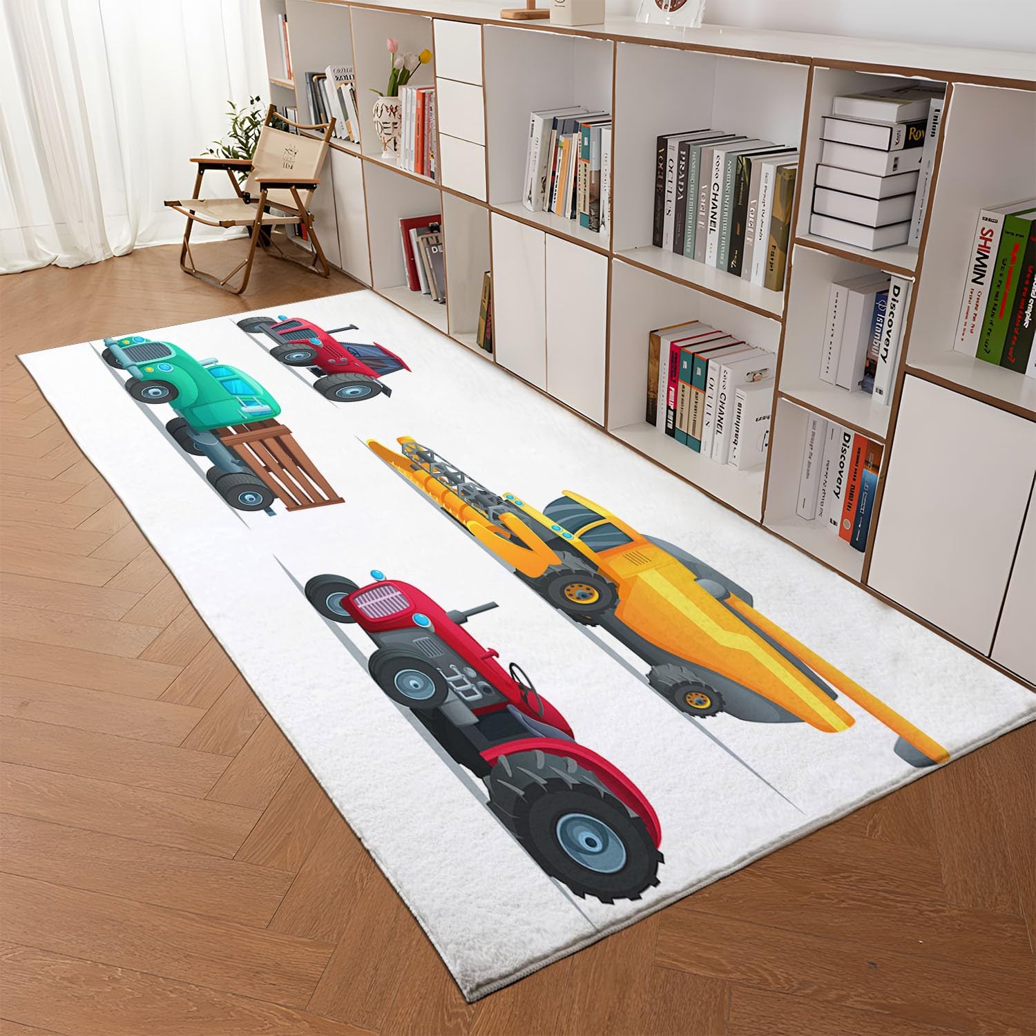 Bianco Tappeto Salotto 80 x 150cm Veicolo da costruzione dei cartoni animati Tappeti Camera da Letto, Rug Cucina Antiscivolo Lavabile per Tavolino da Salotto, Bagno, Tappeto Bambini Cameretta