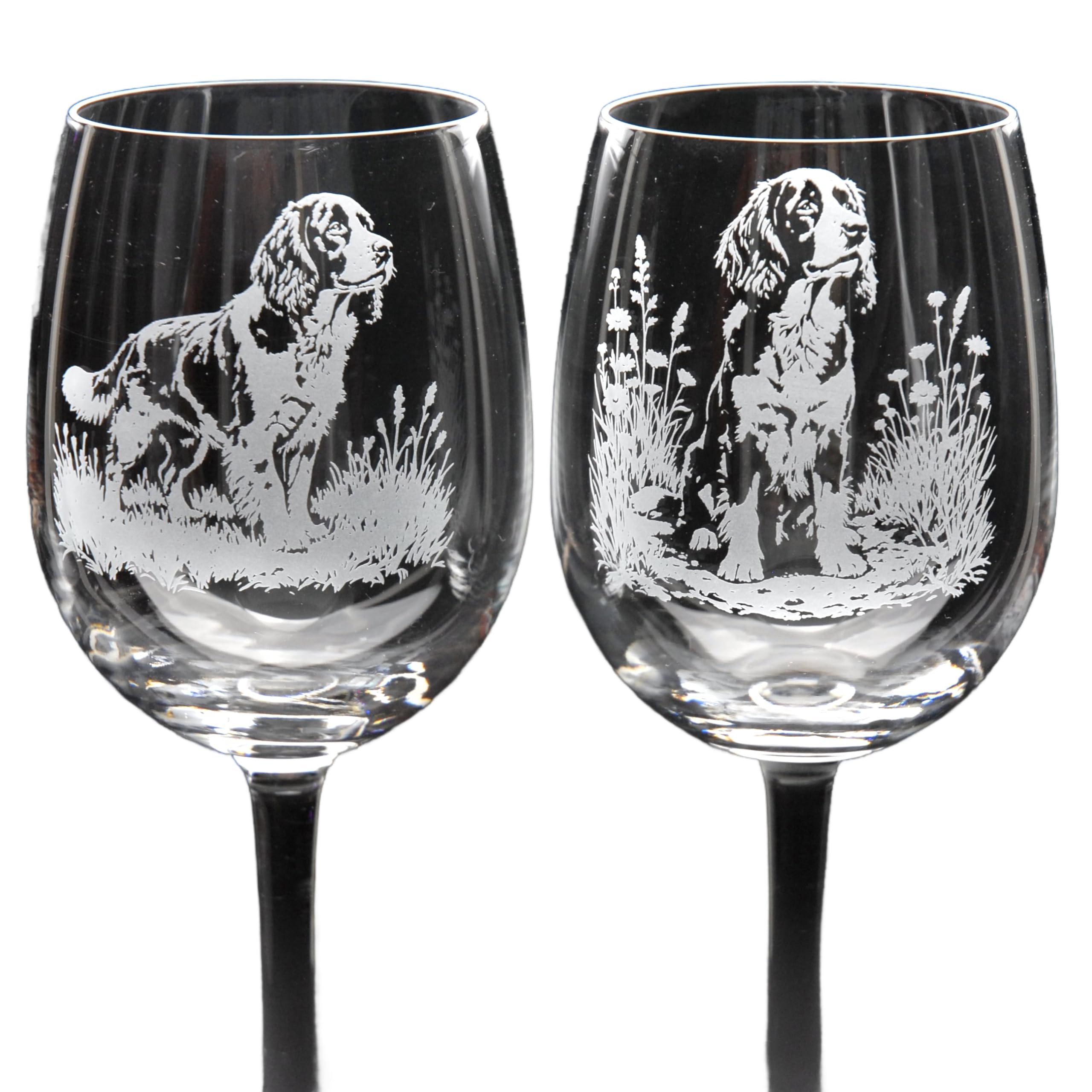 GLYPTIC Glass Art Springer Spaniel Dog Placement Hand Etched/Engraved Crystal Wine Glass