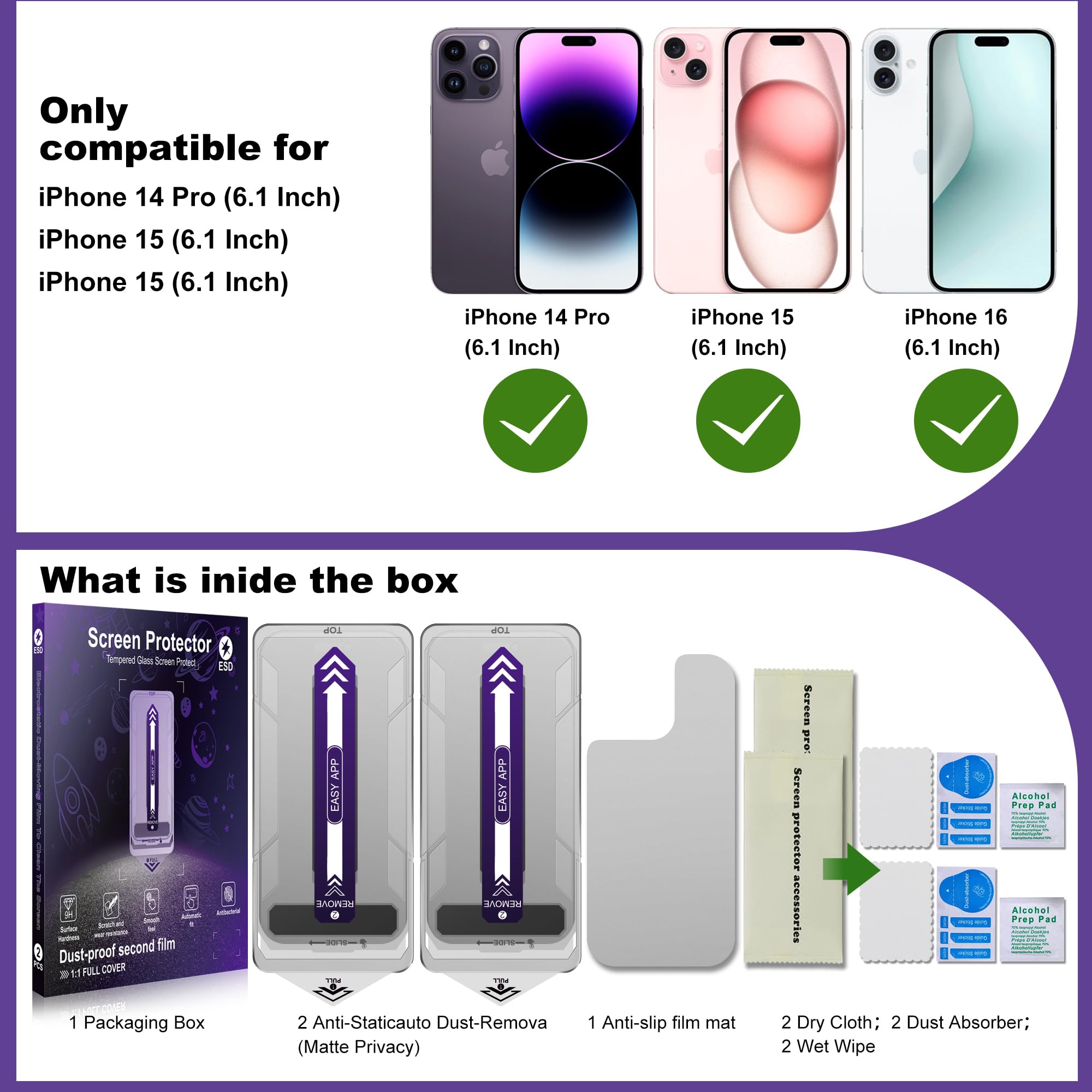 Paquete de 2 películas de vidrio templado de privacidad mate para iPhone 14 Pro/15/16