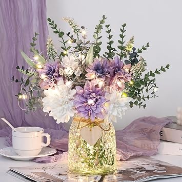MARTINE MALL Fake Flowers in Vase with Lights, Faux Flowers in Vase, Dahlia Artificial Flowers in Vase Centerpiece Table Decorations Artificial Flower Arrangement for Home Dining Room Farmhouse