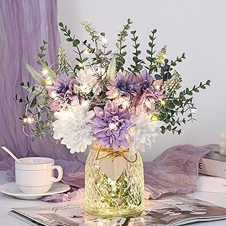 MARTINE MALL Fake Flowers in Vase with Lights, Faux Flowers in Vase, Dahlia Artificial Flowers in Vase Centerpiece Table Decorations Artificial Flower Arrangement for Home Dining Room Farmhouse