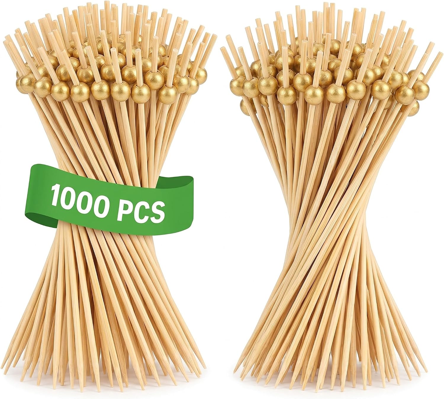 1000 Pcs Gold Pearl Cocktail Picks, Appetizers Fancy Cocktail Skewers Bamboo Reusable Toothpicks for Charcuterie Accessories Party Desserts Drinks (4.7 Inch)