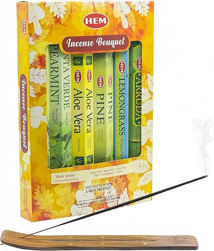 HEM Set de regalo de fragancias calmantes hexagonales de la serie de hierbas, incienso con soporte para incienso, paquete de 6 (20 varillas cada uno)