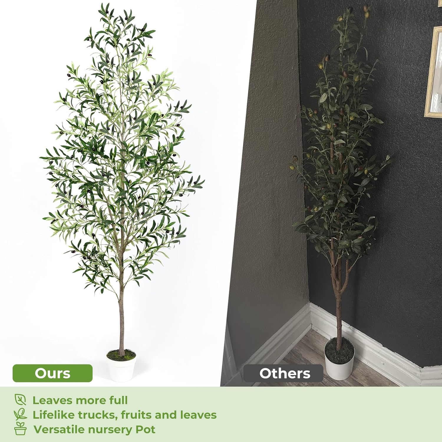 Artificial Olive Trees with Lifelike Natural Trunk, Leaves, Moss and Fruits, 6FT Tall Faux Olive Tree with White Versatile Nursery Pot, Fake Plants for Indoor Home Decor, Office Decor, Room Decor