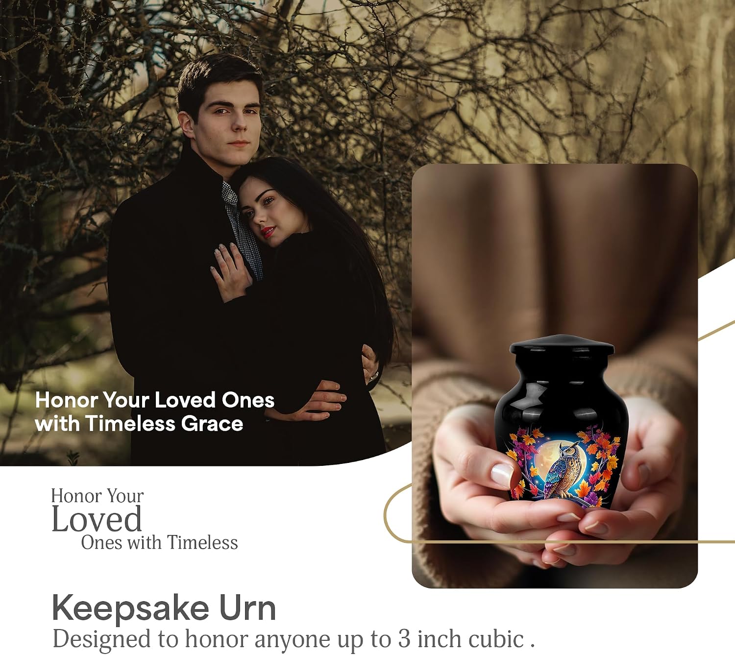 YATHABI Owl Burial Urn for Ashes - Small Cremation Urns for Human Ashes Adult Male - Memorial Black Keepsake Urn for Adult Female - Moon Funeral Urns for Men - 3 Inch
