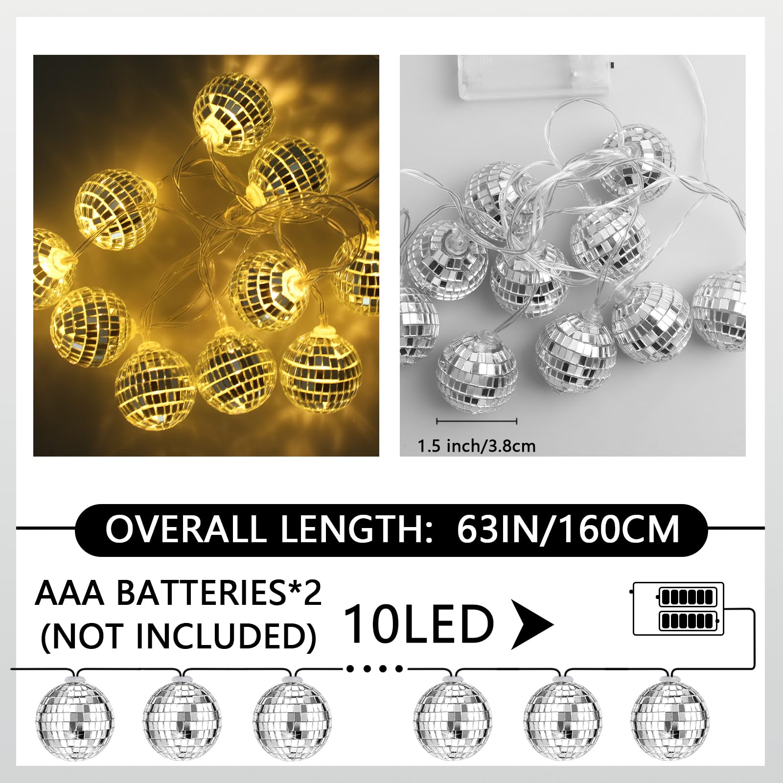 Newmemo 10LED Disco Balls String Lights Hanging Mirror Disco Ball LED Light Silver Mini Disco Balls Ornament Tree Decoration Light Christmas Lamp for Holiday Wall Window Indoor Outdoor 70s Party