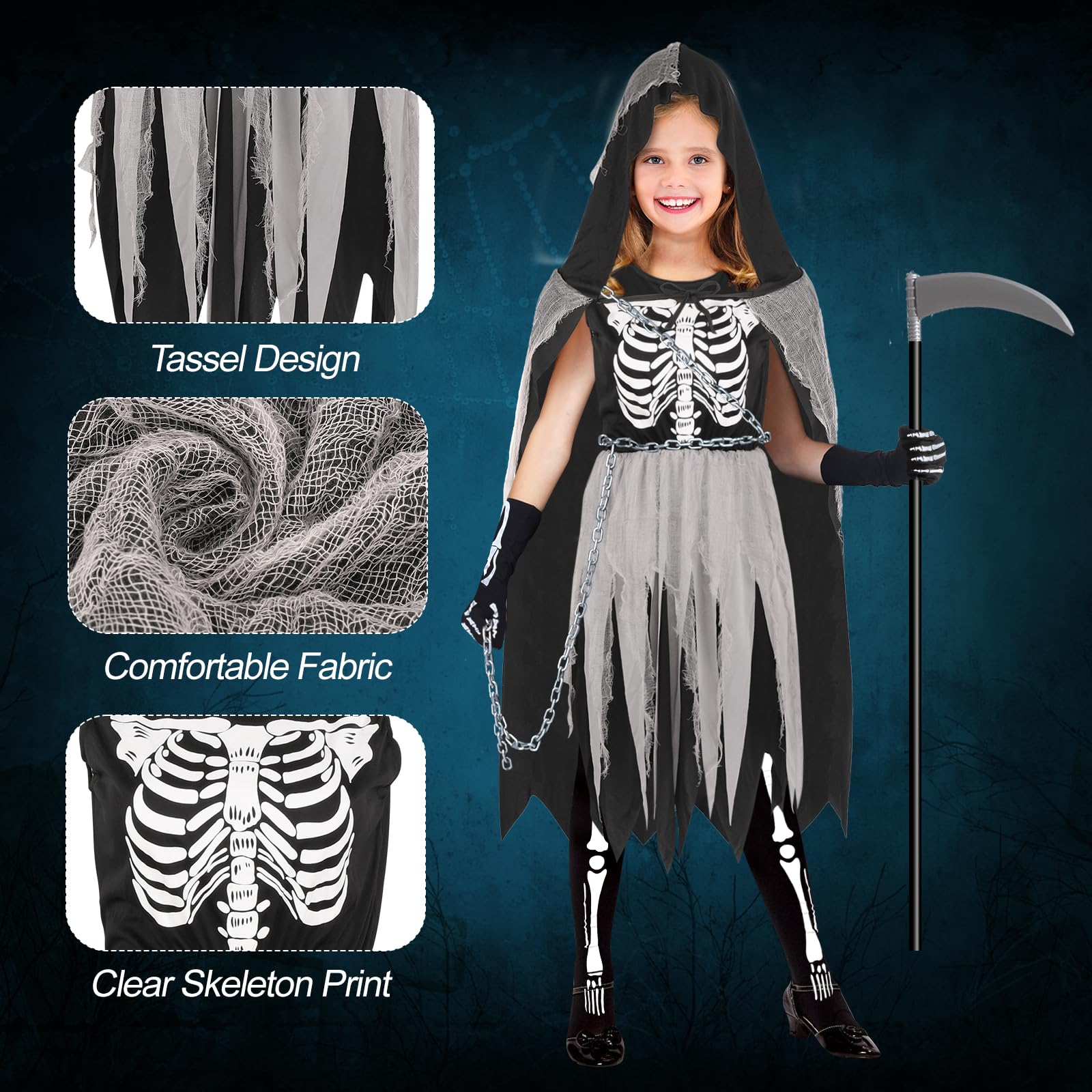 Grim Reaper Costume Kids Girls Skeleton Costume Kids 8-9 9-10 Years Halloween Grim Reaper Robe Death Costume Skeleton Dress Girls Grim Reaper Cloak Black Halloween Scythe Grim Reaper Gloves Skeleton - Image 4