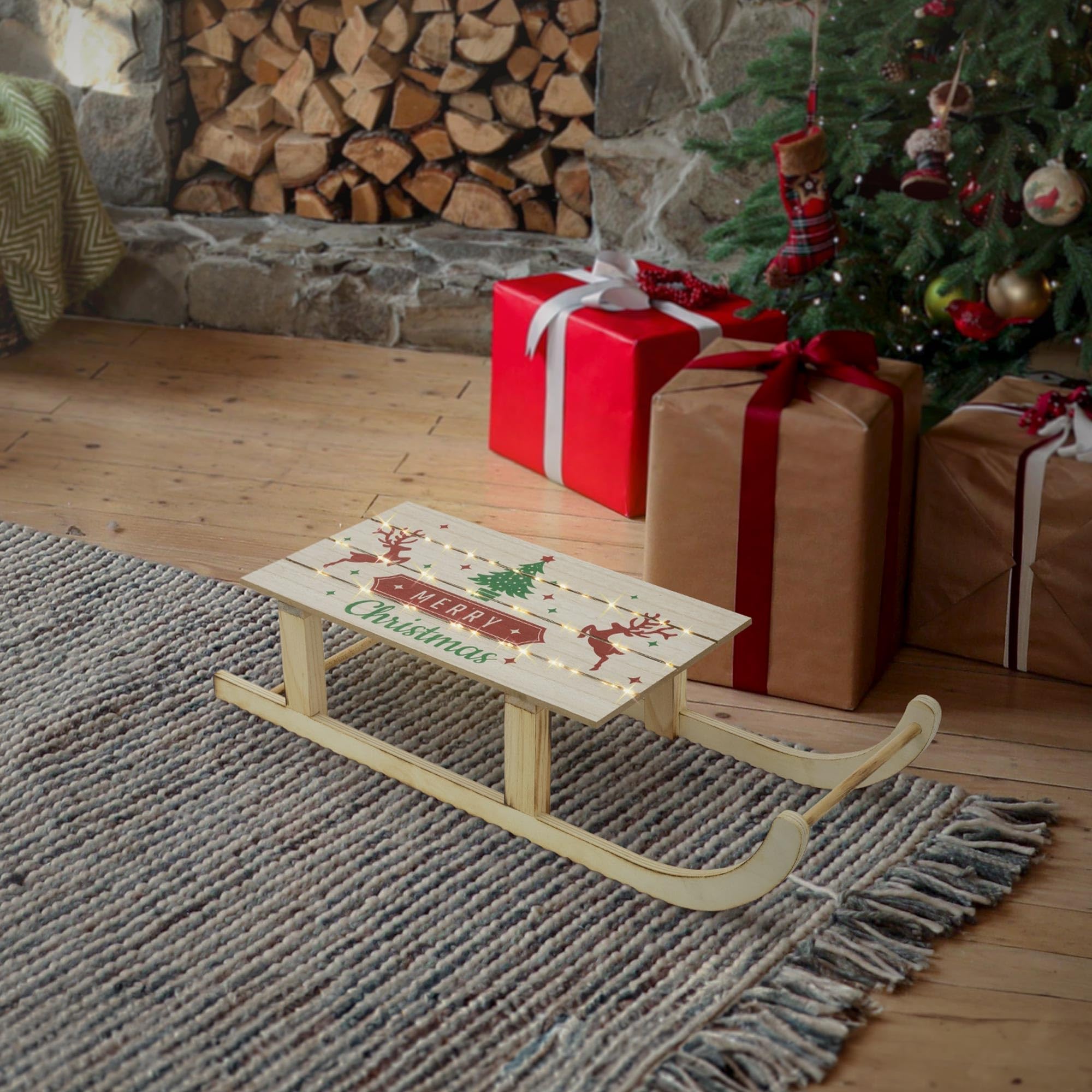 ECD Germany Trineo Decoración Navideña de Madera, 60x21x13,5cm Marrón Iluminación 60 Leds Blanco Cálido, Adorno Navideño, Función con Pilas, Accesorio Festivo Ornamento Original para Árbol de Navidad