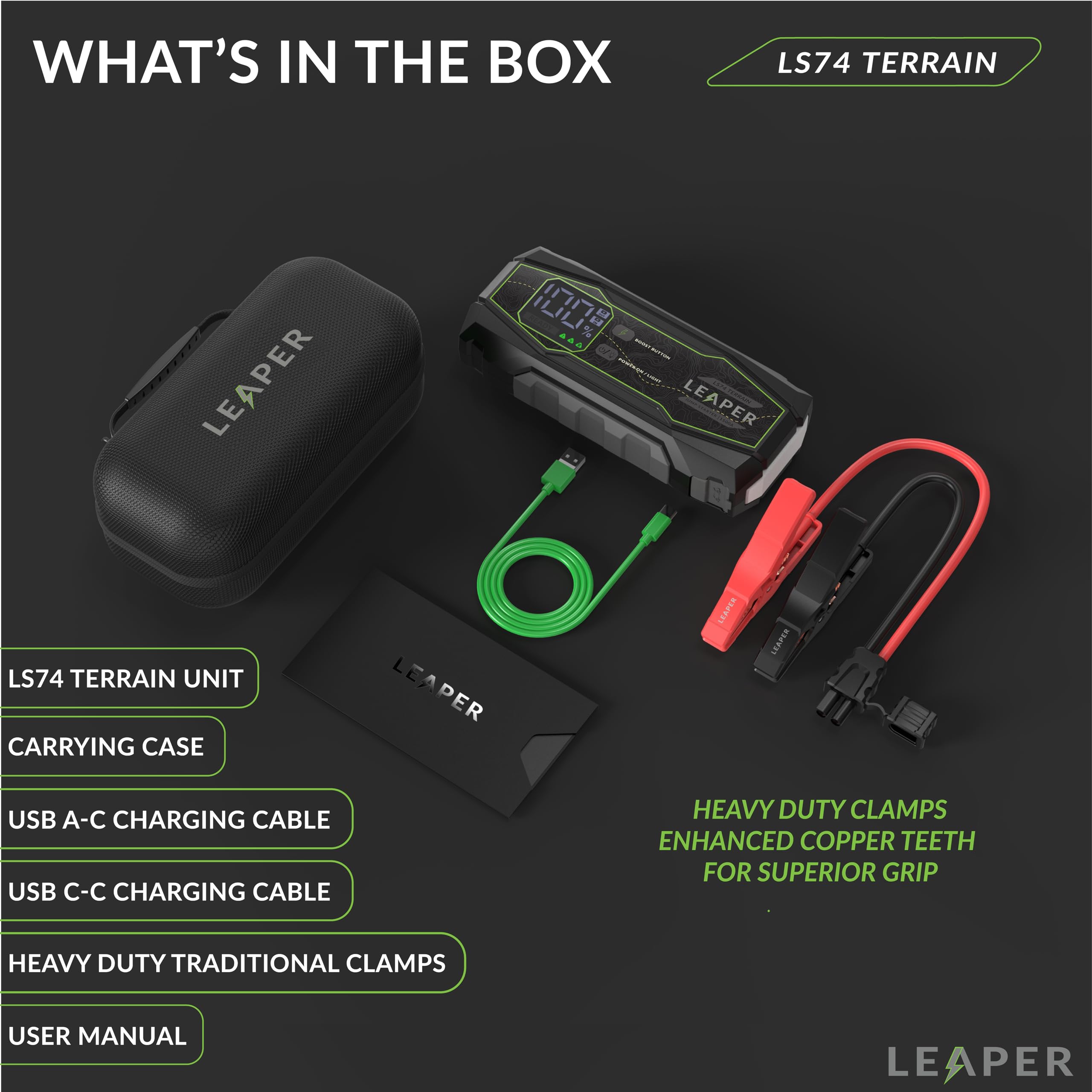 Leaper Arrancador de salto de 12 V, negro, corriente máxima de 1500 A, capacidad de 16000 mAh, pantalla digital de 2.3 pulgadas, abrazaderas negras y rojas resistentes, funda de transporte incluida